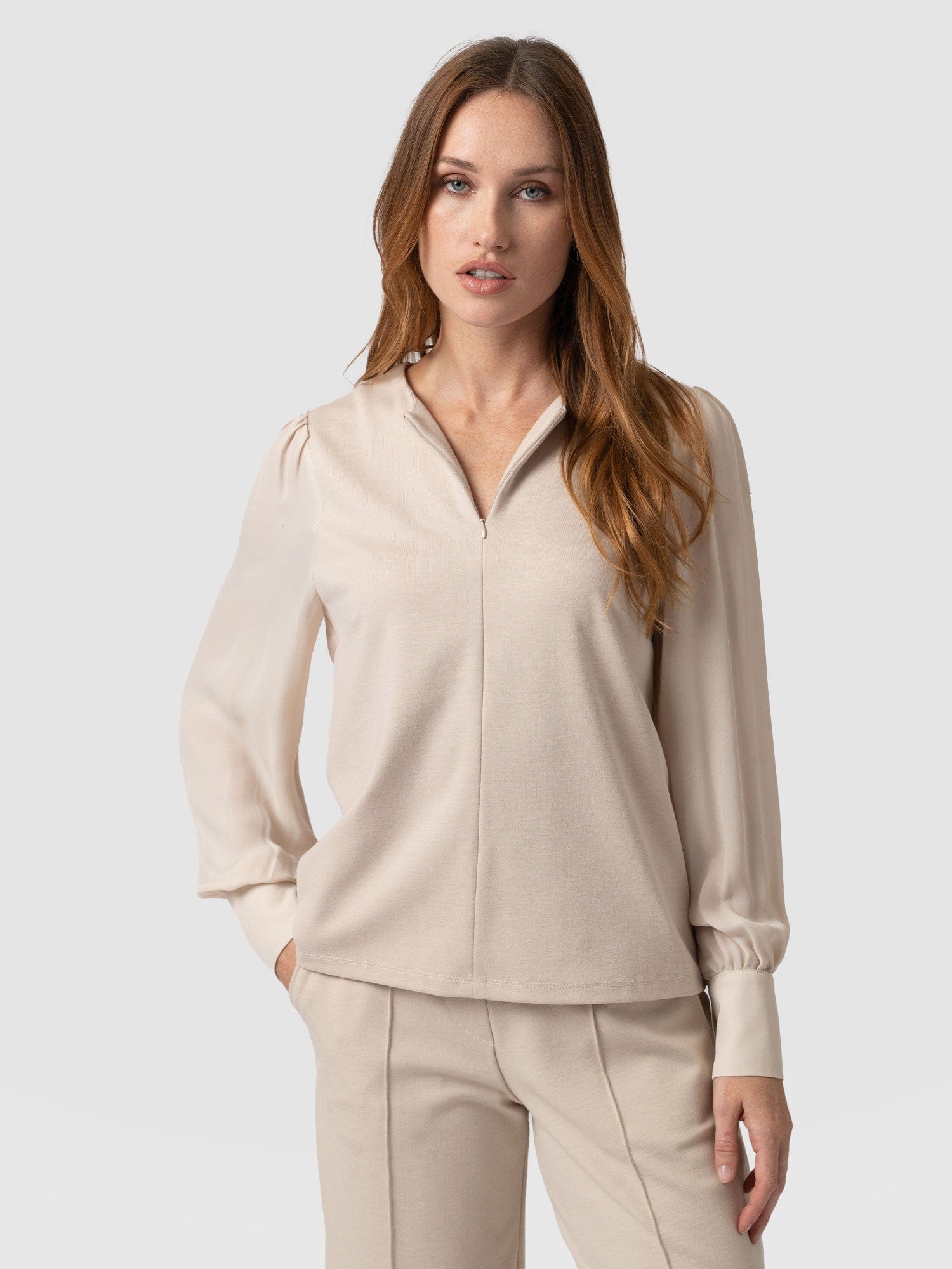 Esme Zip Up Top Light Beige - Women's Tops | Saint + Sofia® USA