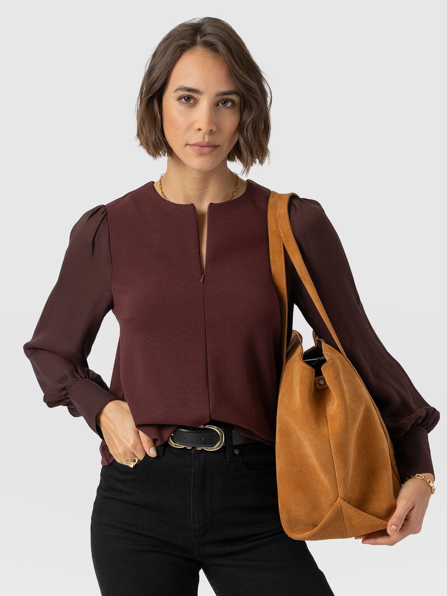 Esme Zip Up Top - Maroon - Women's T-shirts | Saint + Sofia® USA