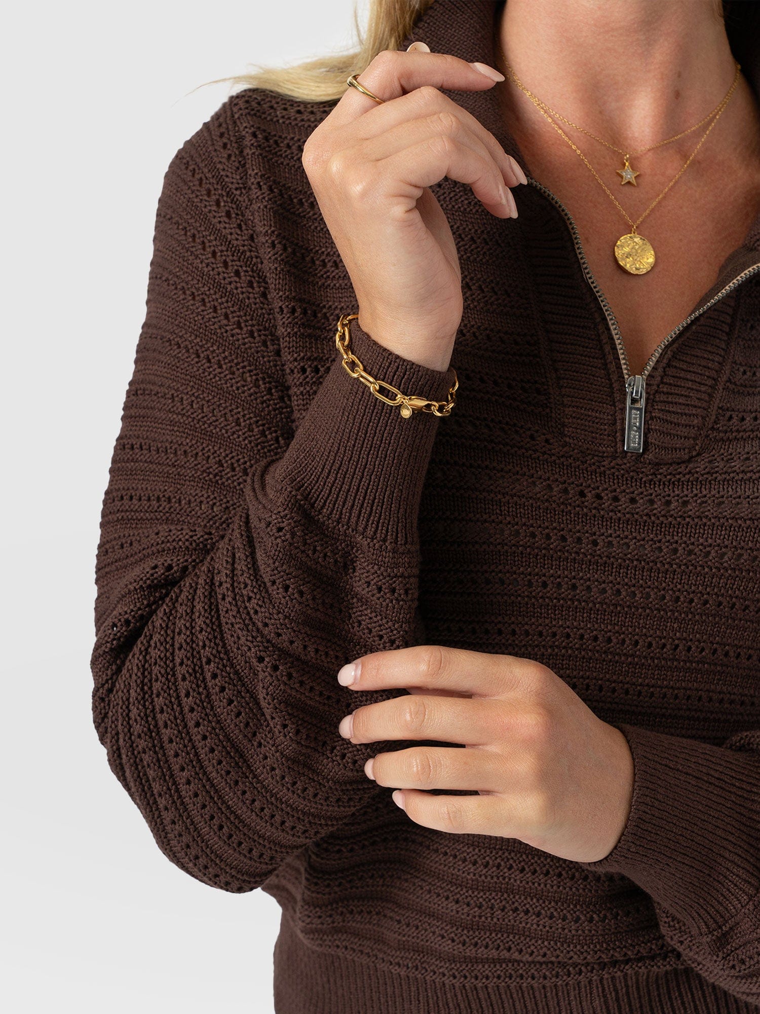 Ester Quarter Zip Knit - Chocolate - Women's Knitwears | Saint + Sofia® USA