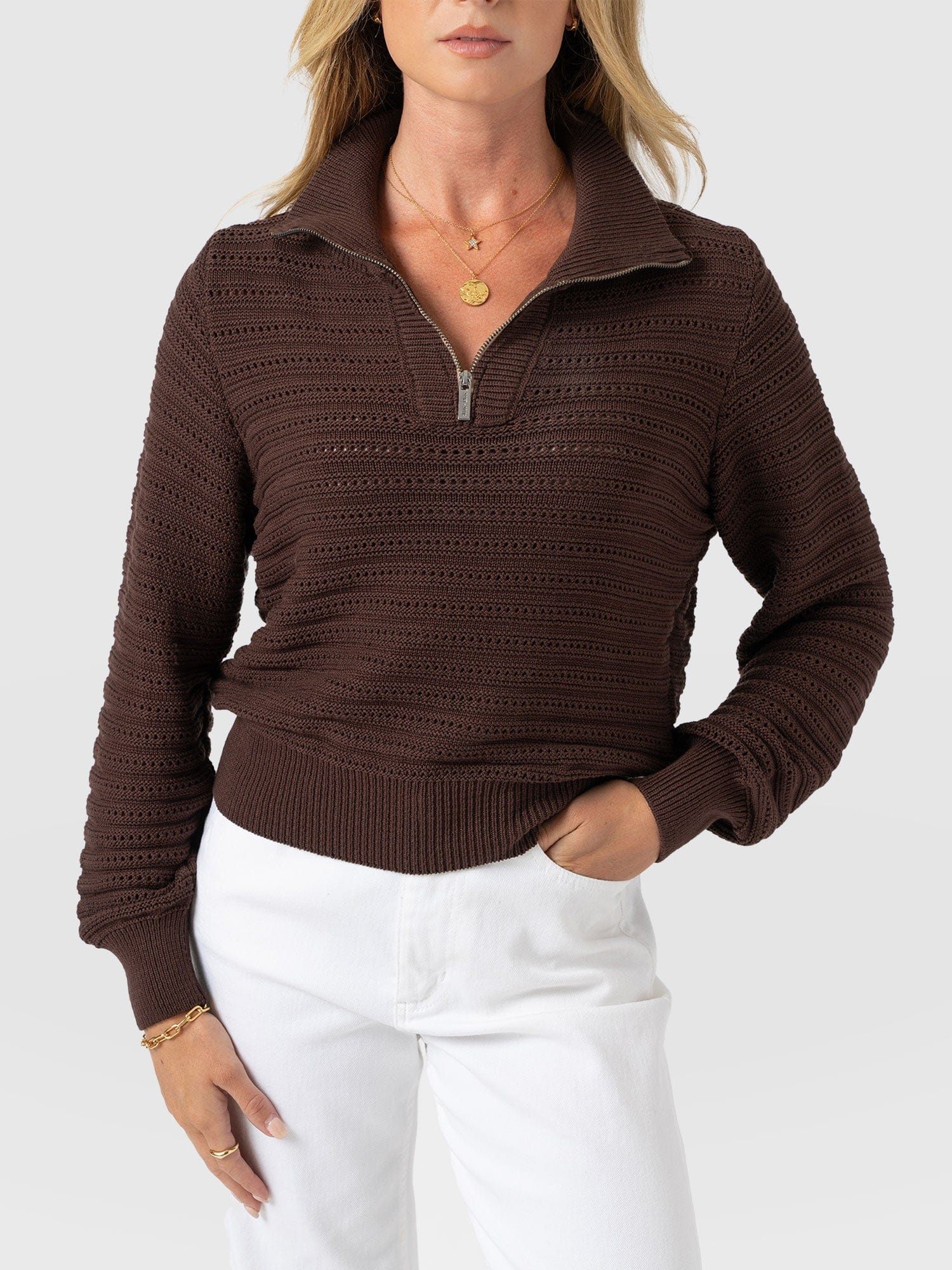 Ester Quarter Zip Knit - Chocolate - Women's Knitwears | Saint + Sofia® USA