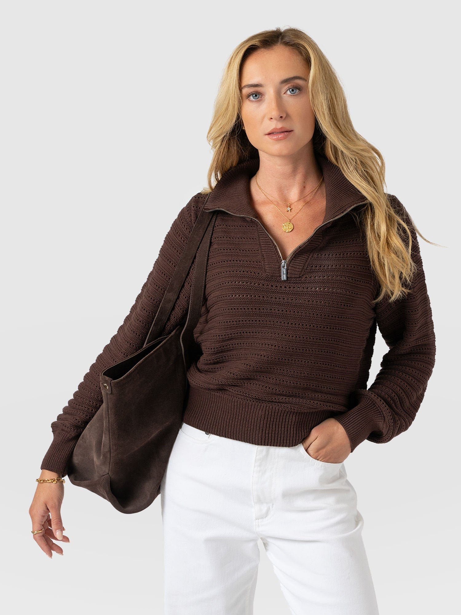 Ester Quarter Zip Knit - Chocolate - Women's Knitwears | Saint + Sofia® USA