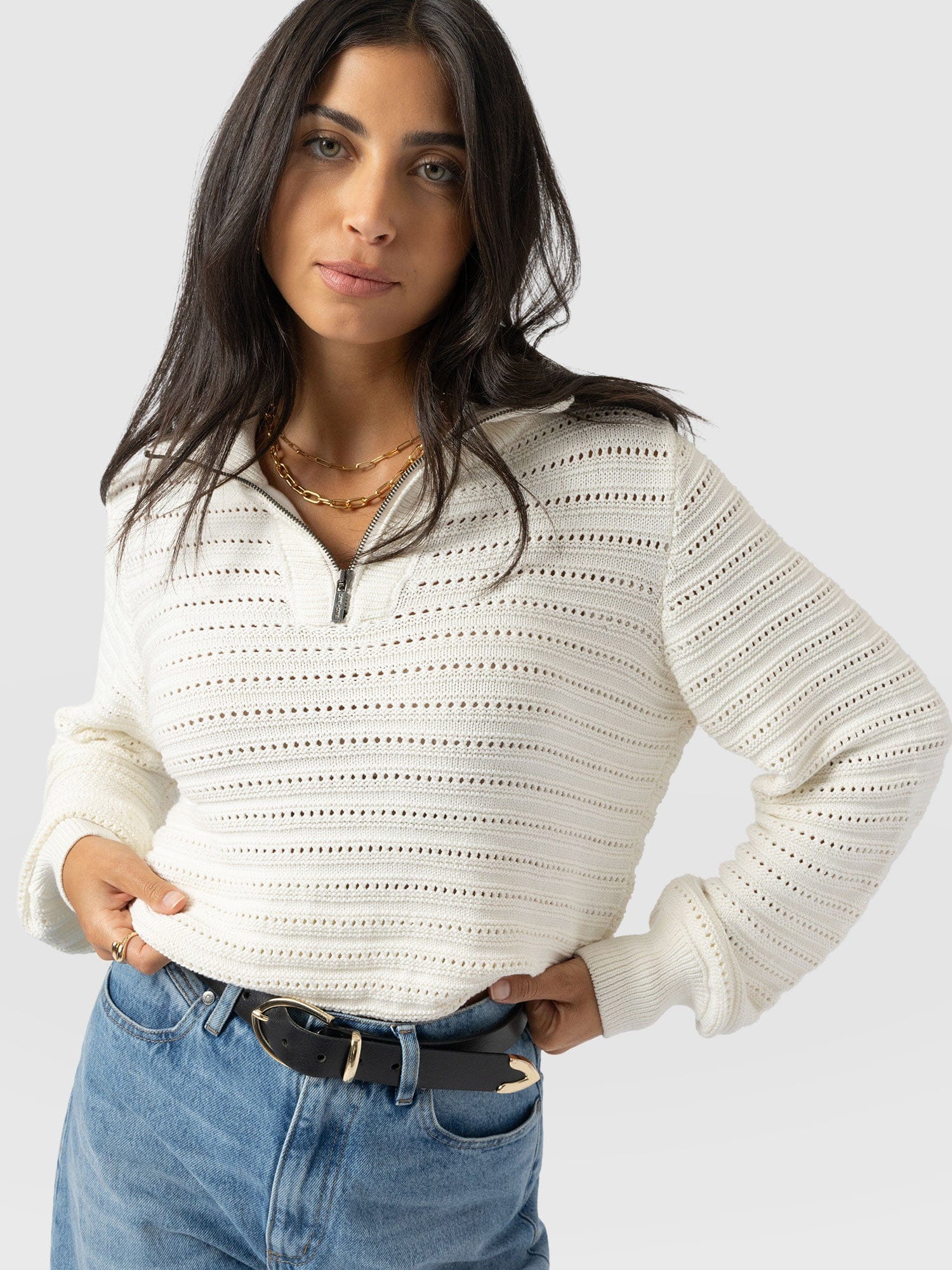 Ester Quarter Zip Knit - Cream - Women's Sweaters | Saint + Sofia® USA