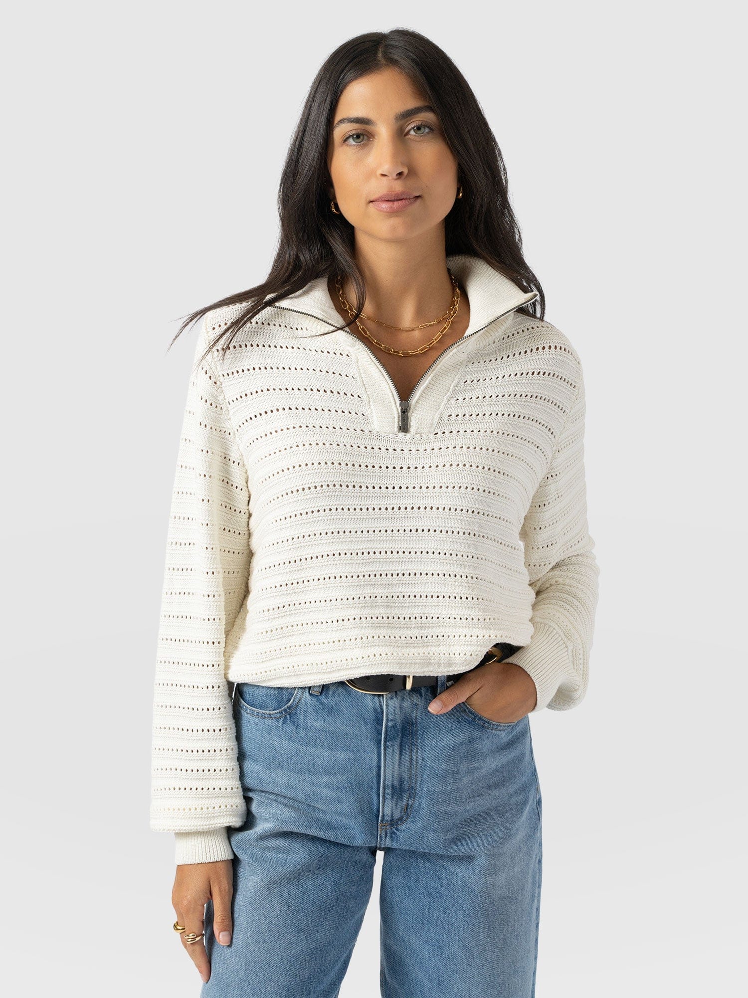 Ester Quarter Zip Knit - Cream - Women's Sweaters | Saint + Sofia® USA