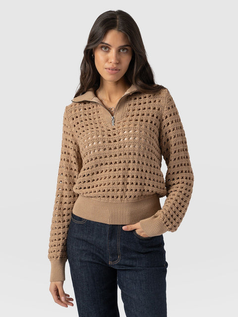 Ester Quarter Zip Knit - Camel - Women's Knitwear | Saint + Sofia® US