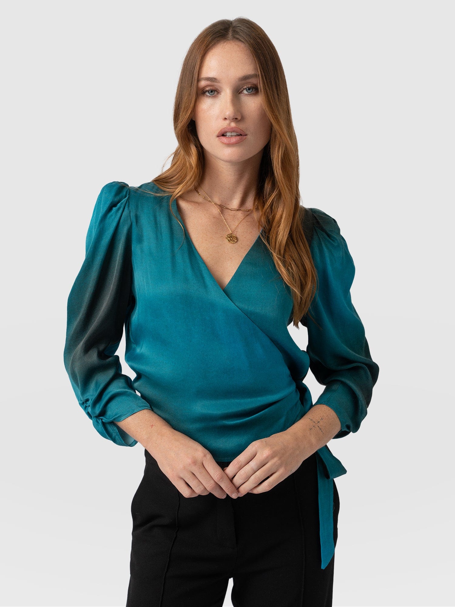 Ester Ruched Wrap Top Blue Coral - Women's Tops | Saint + Sofia® USA