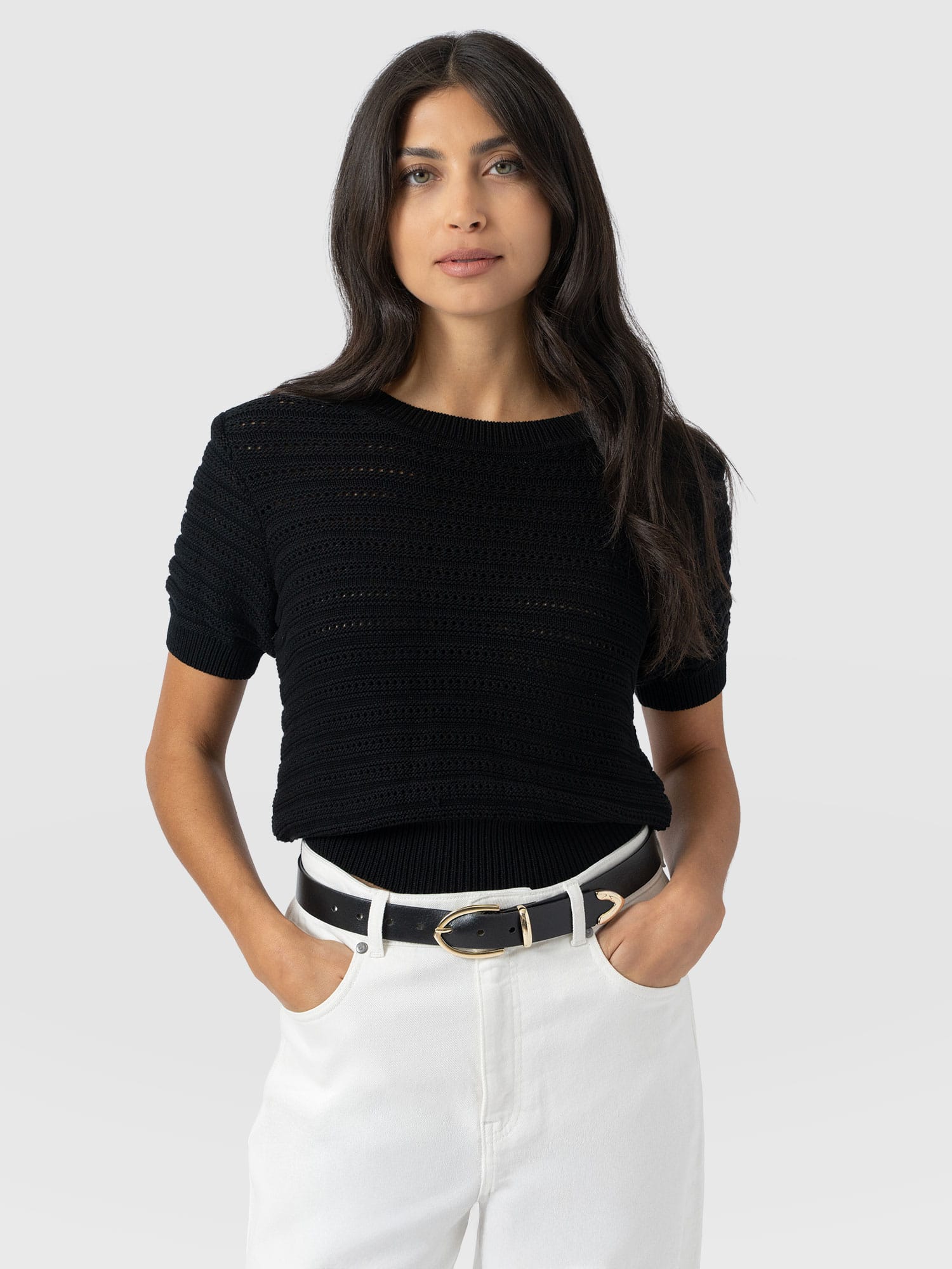 Ester Short Sleeve Knit - Black - Women's Sweaters | Saint + Sofia® USA