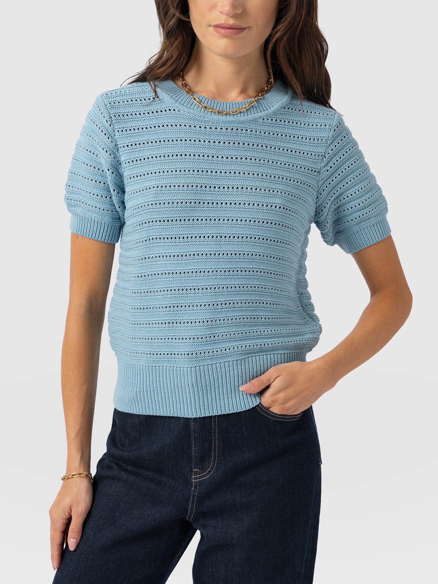Ester Short Sleeve Knit - Powder Blue - Women's Sweaters | Saint + Sofia® USA