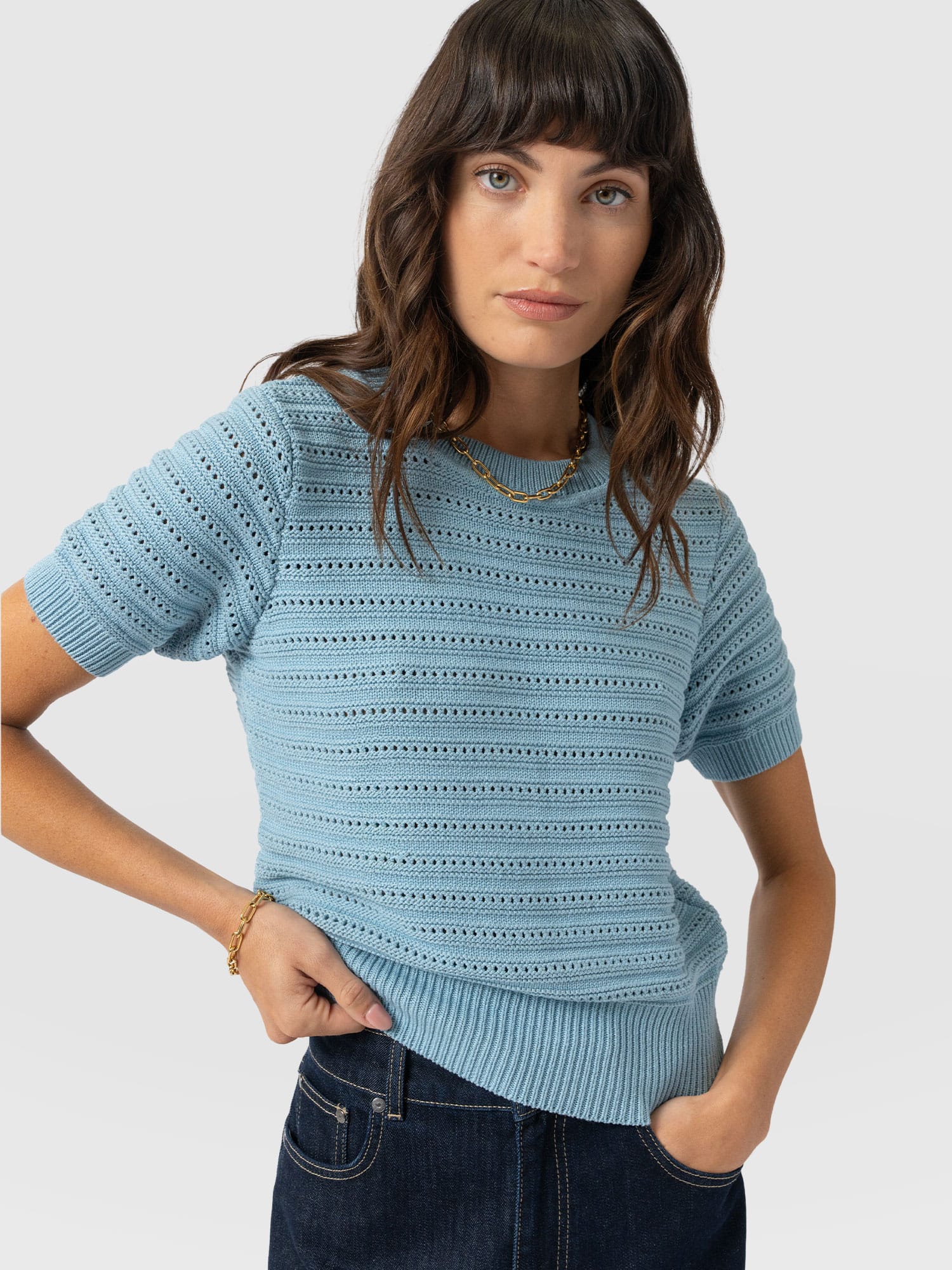 Ester Short Sleeve Knit - Powder Blue - Women's Sweaters | Saint + Sofia® USA