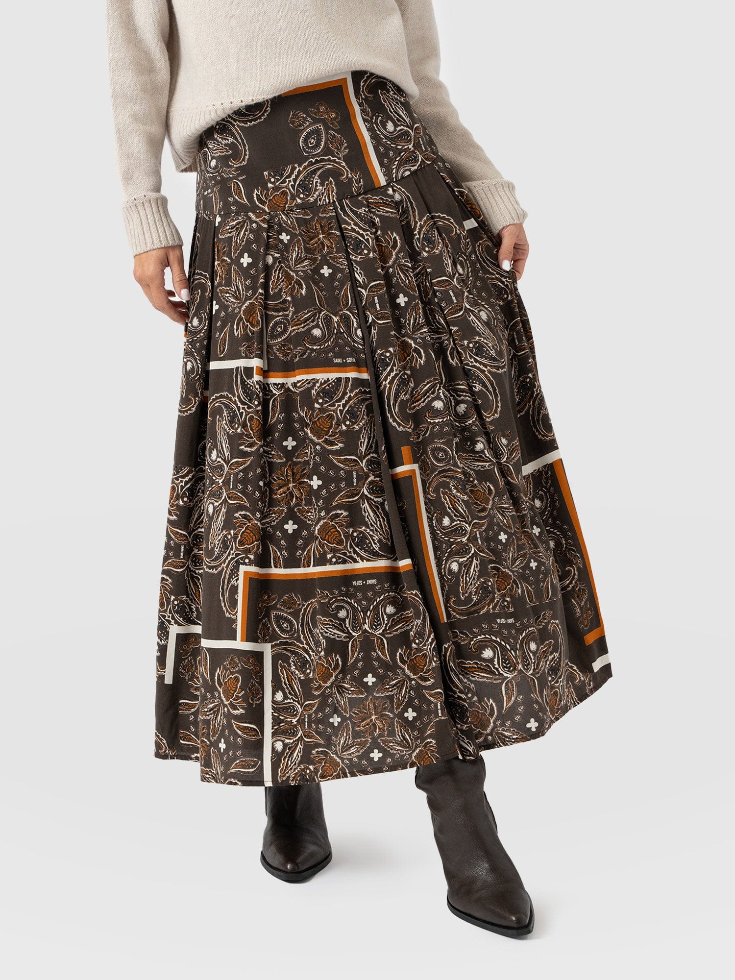 Everly Pleated Skirt - Brown Paisley - Women's Skirts | Saint + Sofia? USA