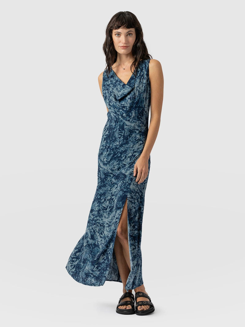 Faye Cowl Neck Dress - Blue Marble