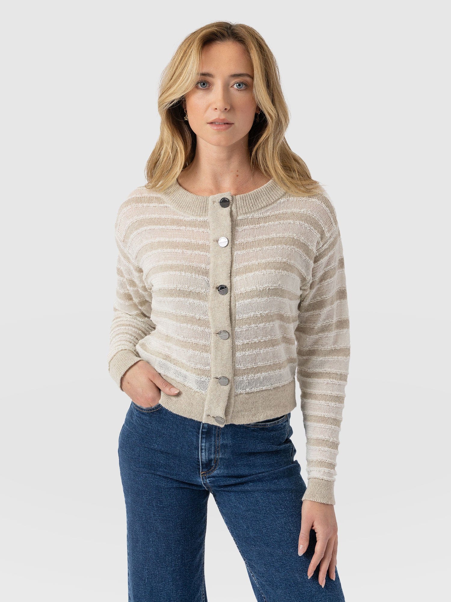 Fearne Knit Cardigan - Cream Stripe - Women's Cardigans | Saint + Sofia® USA