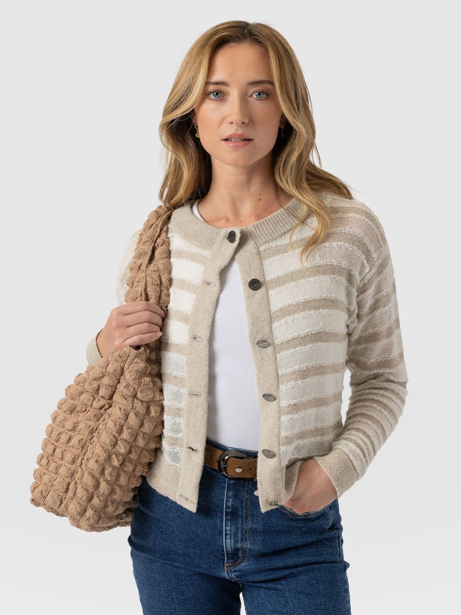 Fearne Knit Cardigan - Cream Stripe - Women's Cardigans | Saint + Sofia® USA
