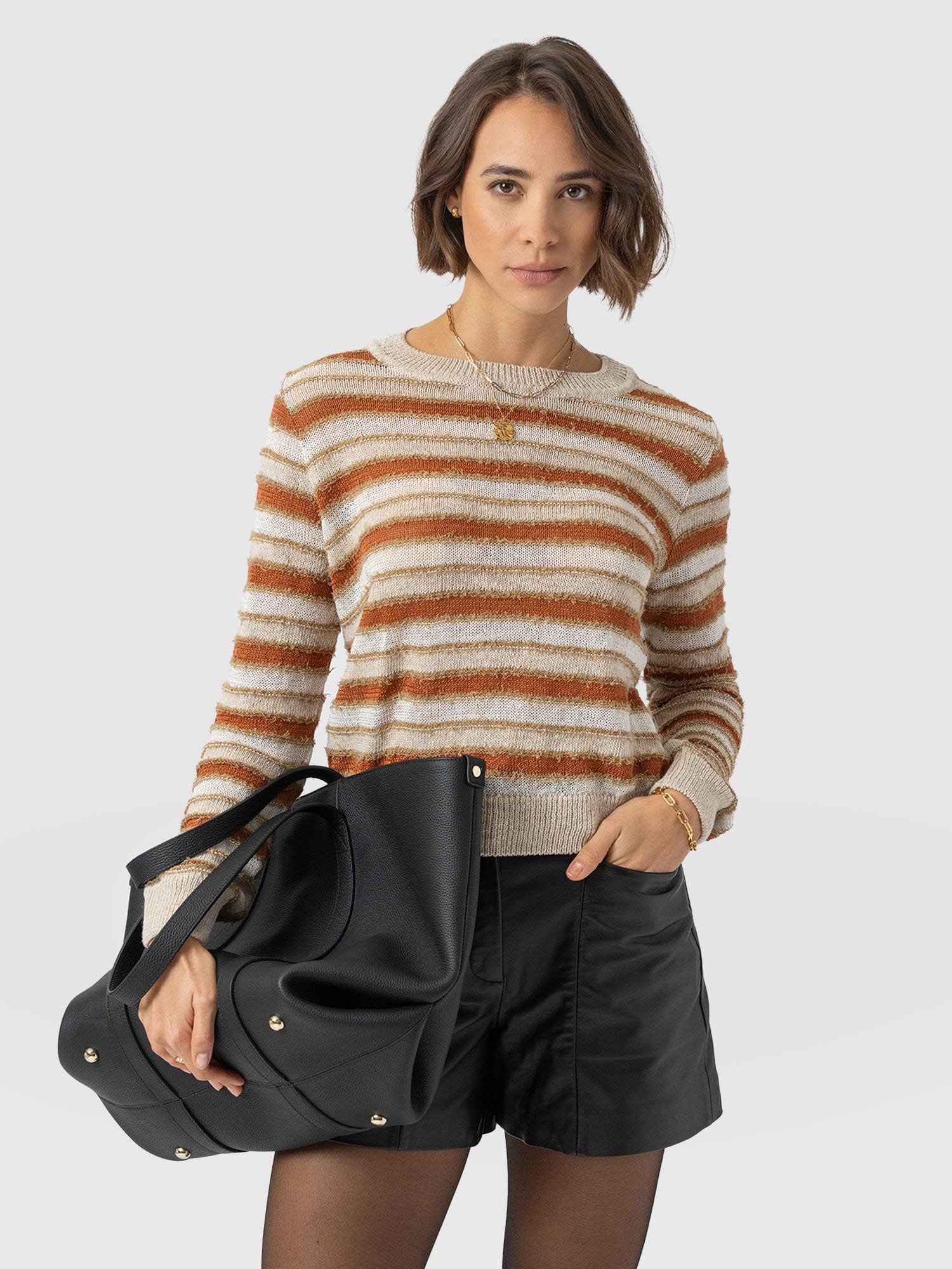 Fearne Knit Long Sleeve Tee - Rust Stripe - Women's Knitwears | Saint + Sofia® USA