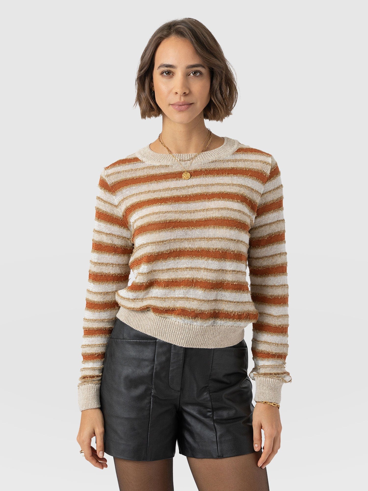 Fearne Knit Long Sleeve Tee - Rust Stripe - Women's Knitwears | Saint + Sofia® USA