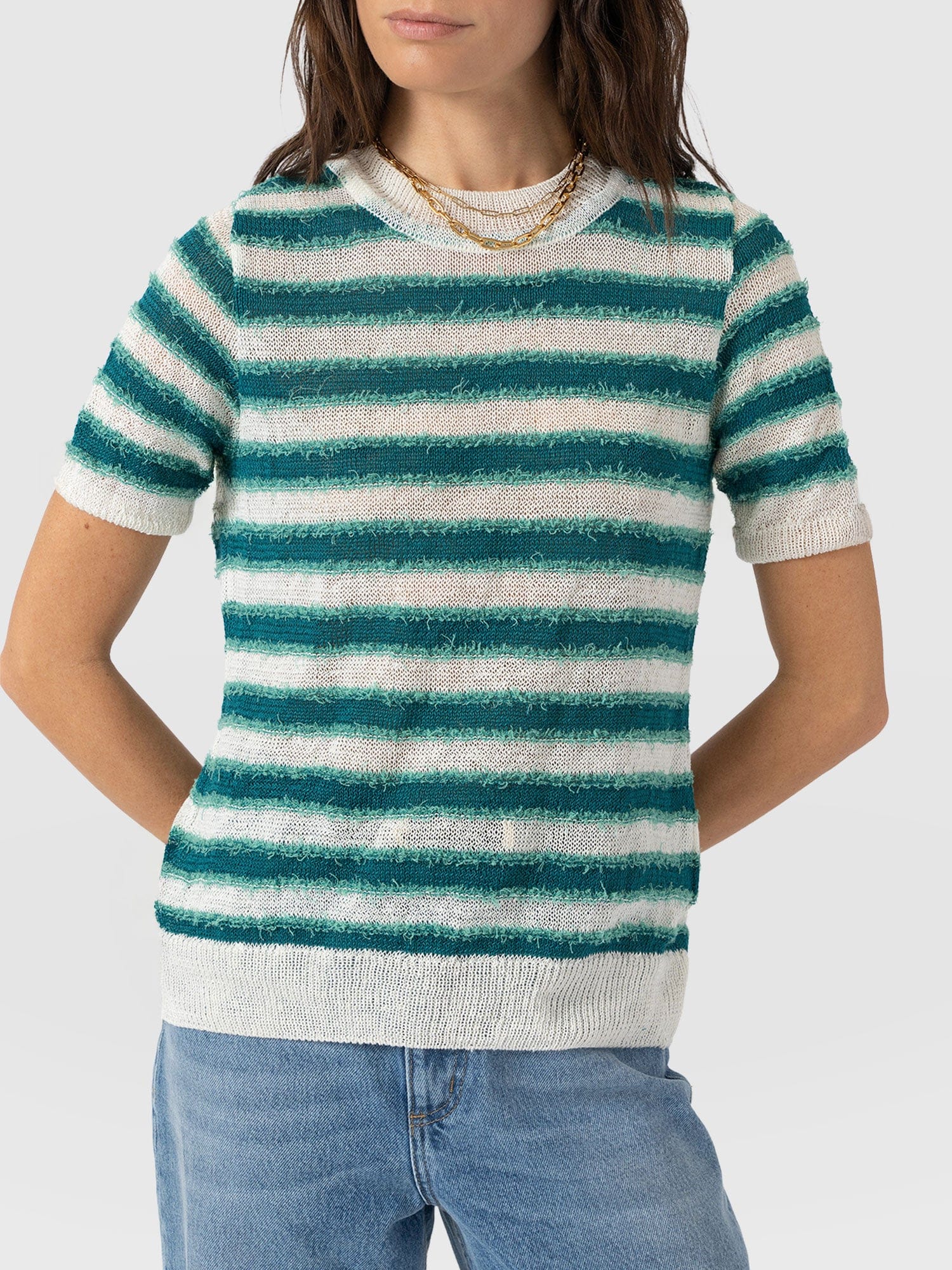 Fearne Knit Tee - Mint Stripe - Women's Sweaters | Saint + Sofia® USA