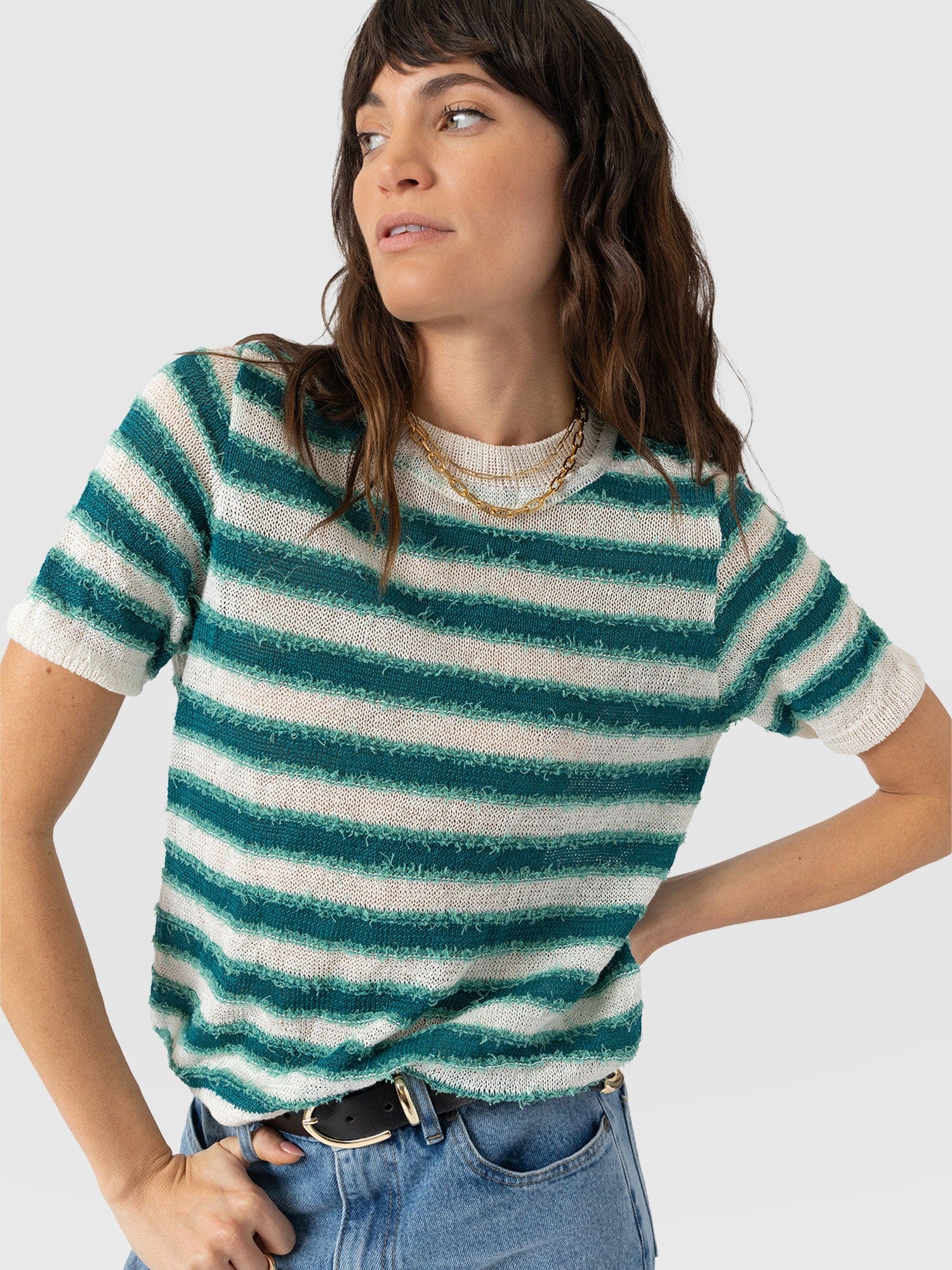 Fearne Knit Tee - Mint Stripe - Women's Sweaters | Saint + Sofia® USA