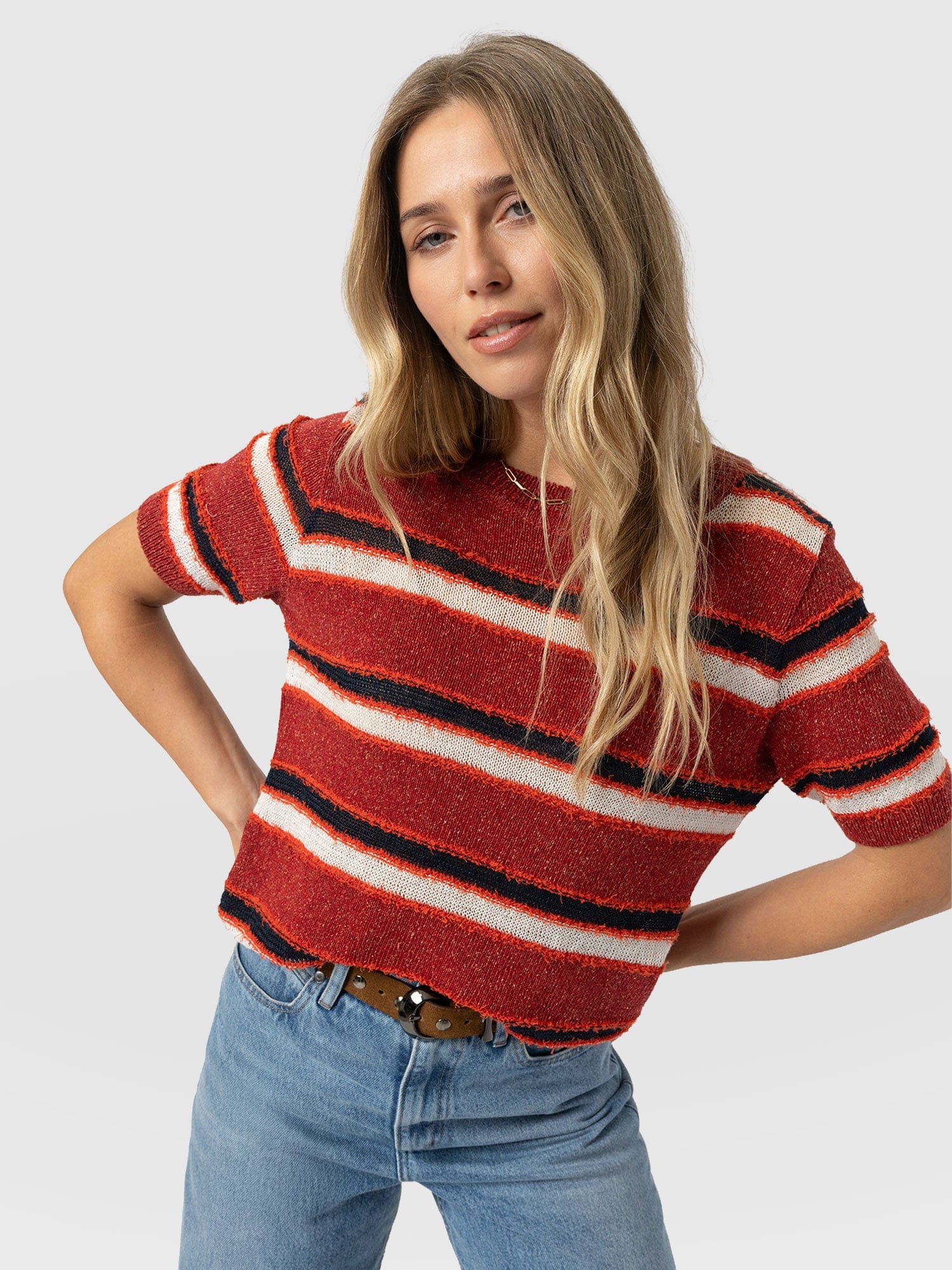 Fearne Knit Tee - Red Stripe - Women's Sweaters | Saint + Sofia® USA