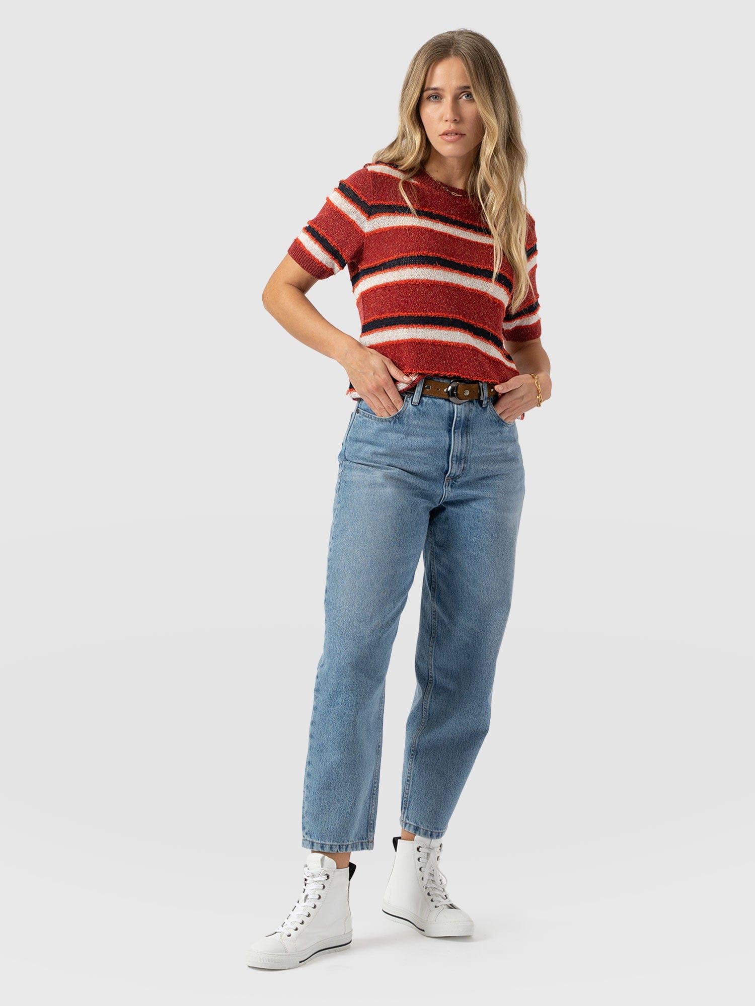Fearne Knit Tee - Red Stripe - Women's Sweaters | Saint + Sofia® USA