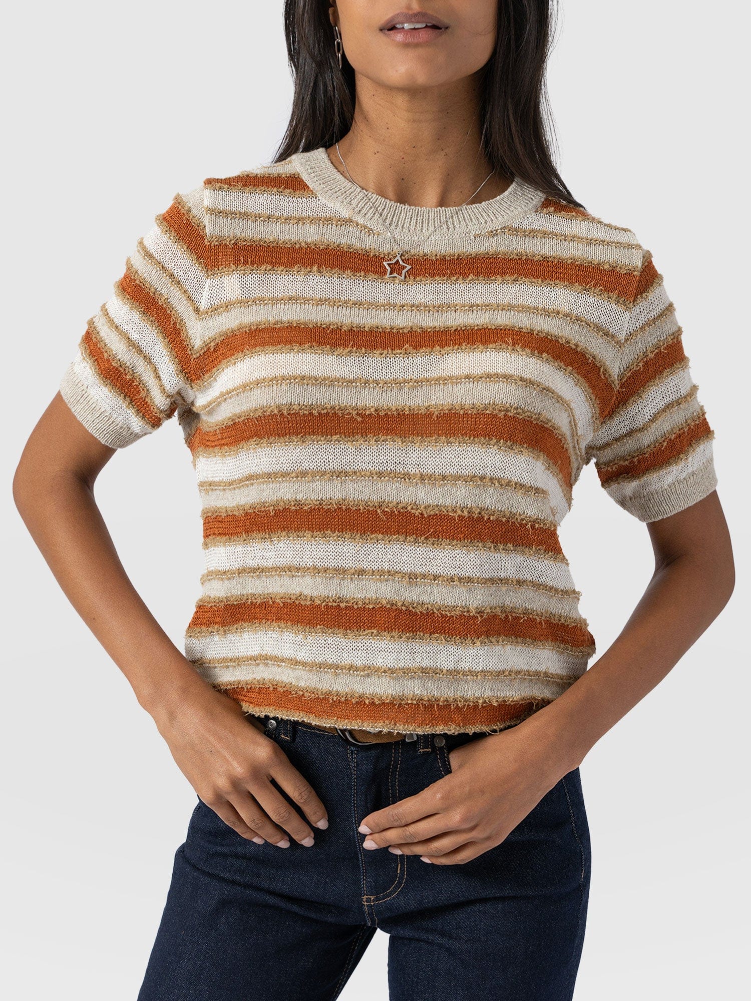 Fearne Knit Tee - Rust Stripe - Women's T-Shirts | Saint + Sofia® USA