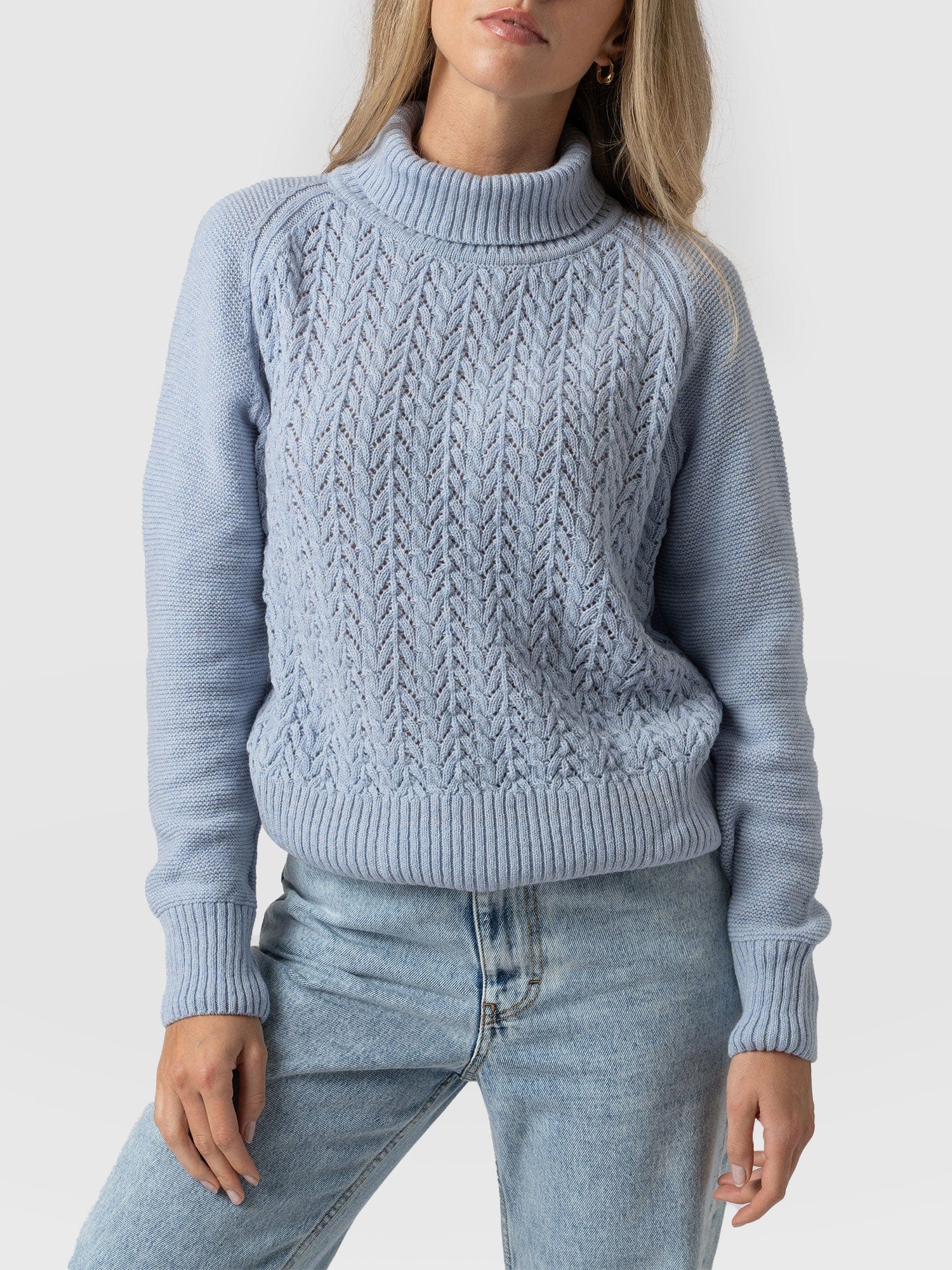 Glen Cable Knit sweater Blue Women's Sweaters Saint + Sofia® USA