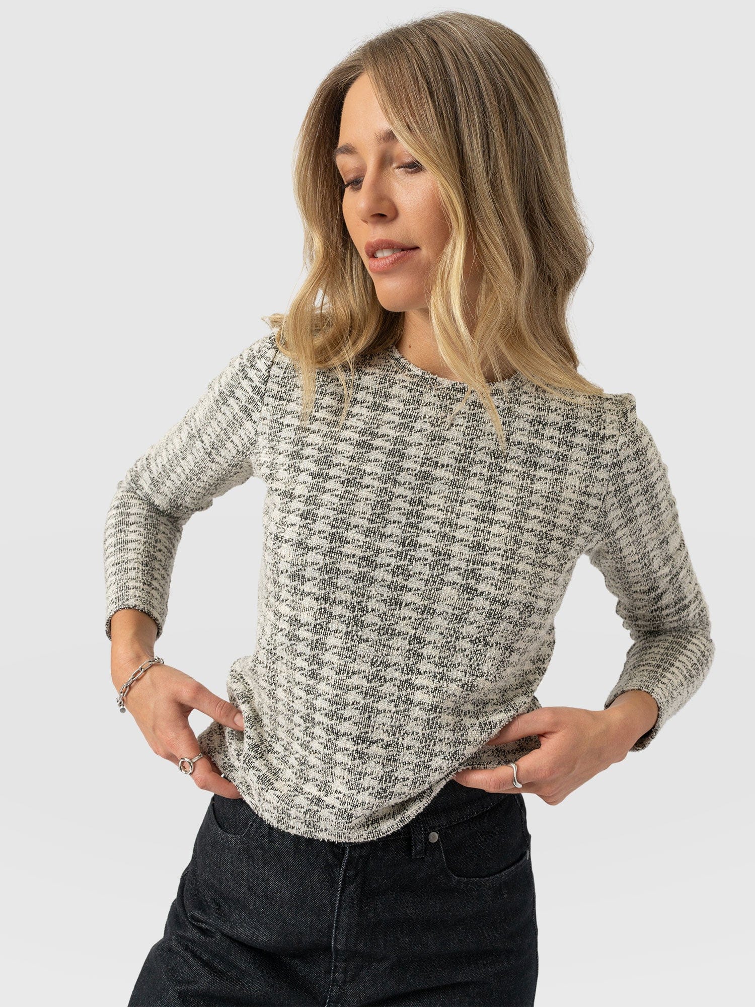Glen Crew Neck Tee Long Sleeve - Cream Boucle - Women's T-shirts | Saint + Sofia® USA