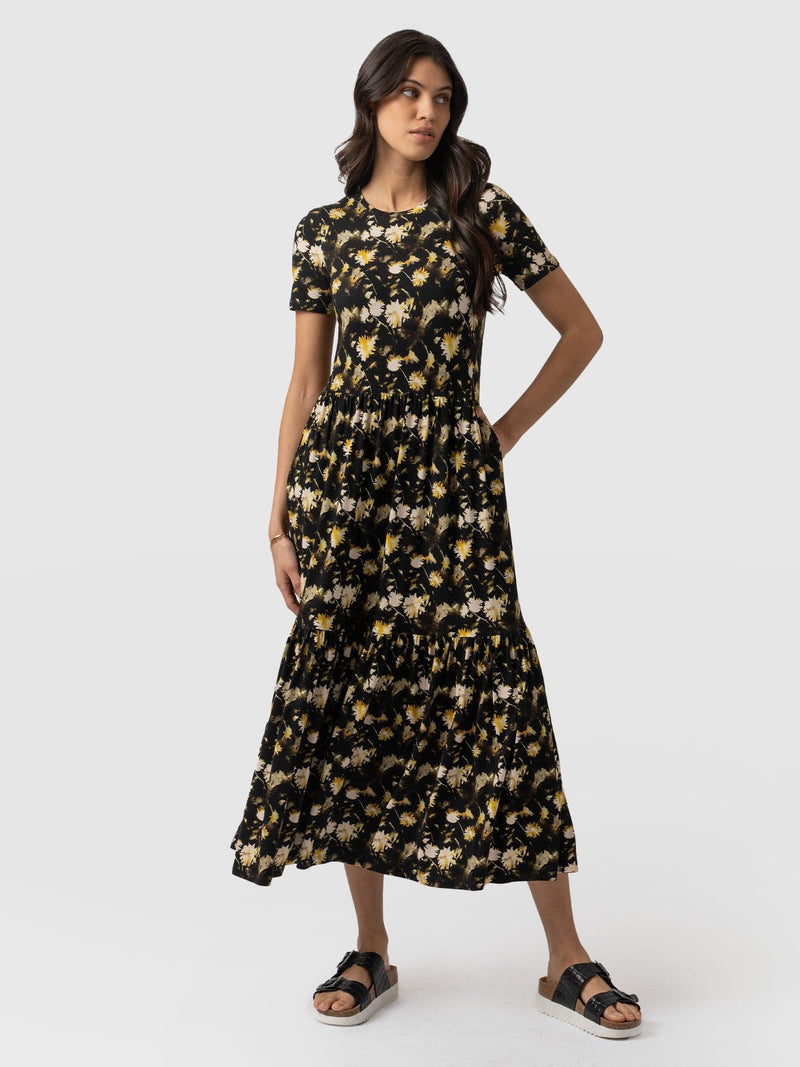 Greenwich Dress Short Sleeve Black Daisy Floral - Women's Dresses | Saint + Sofia® UK