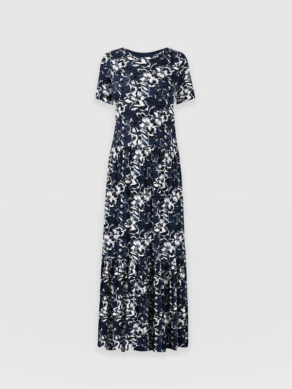Greenwich Dress Short Sleeve Navy Jardin Stencil - Women's Dresses | Saint + Sofia® UK