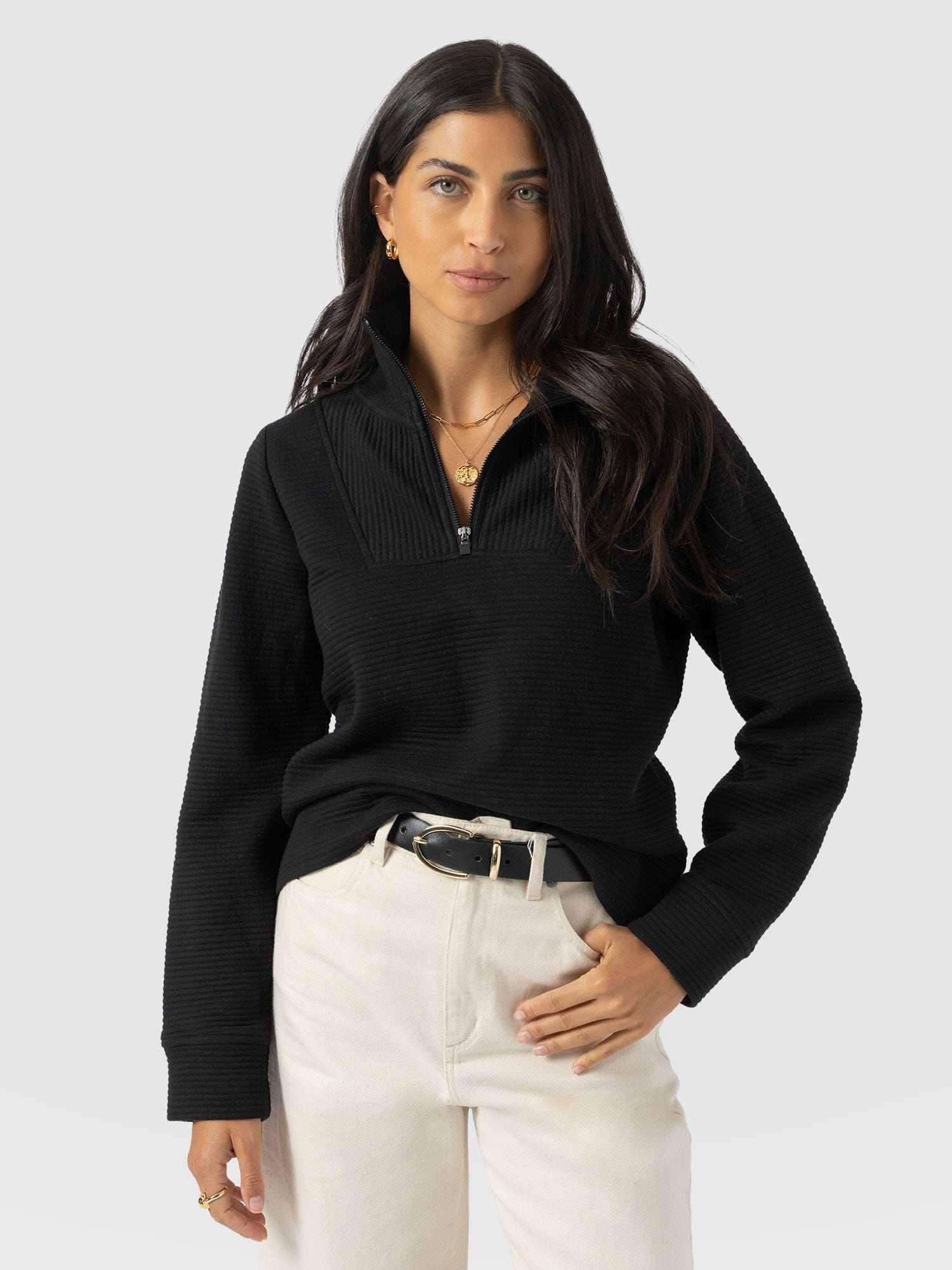 Halsey Quarter Zip - Black Ottoman - Women's Sweaters | Saint + Sofia® USA