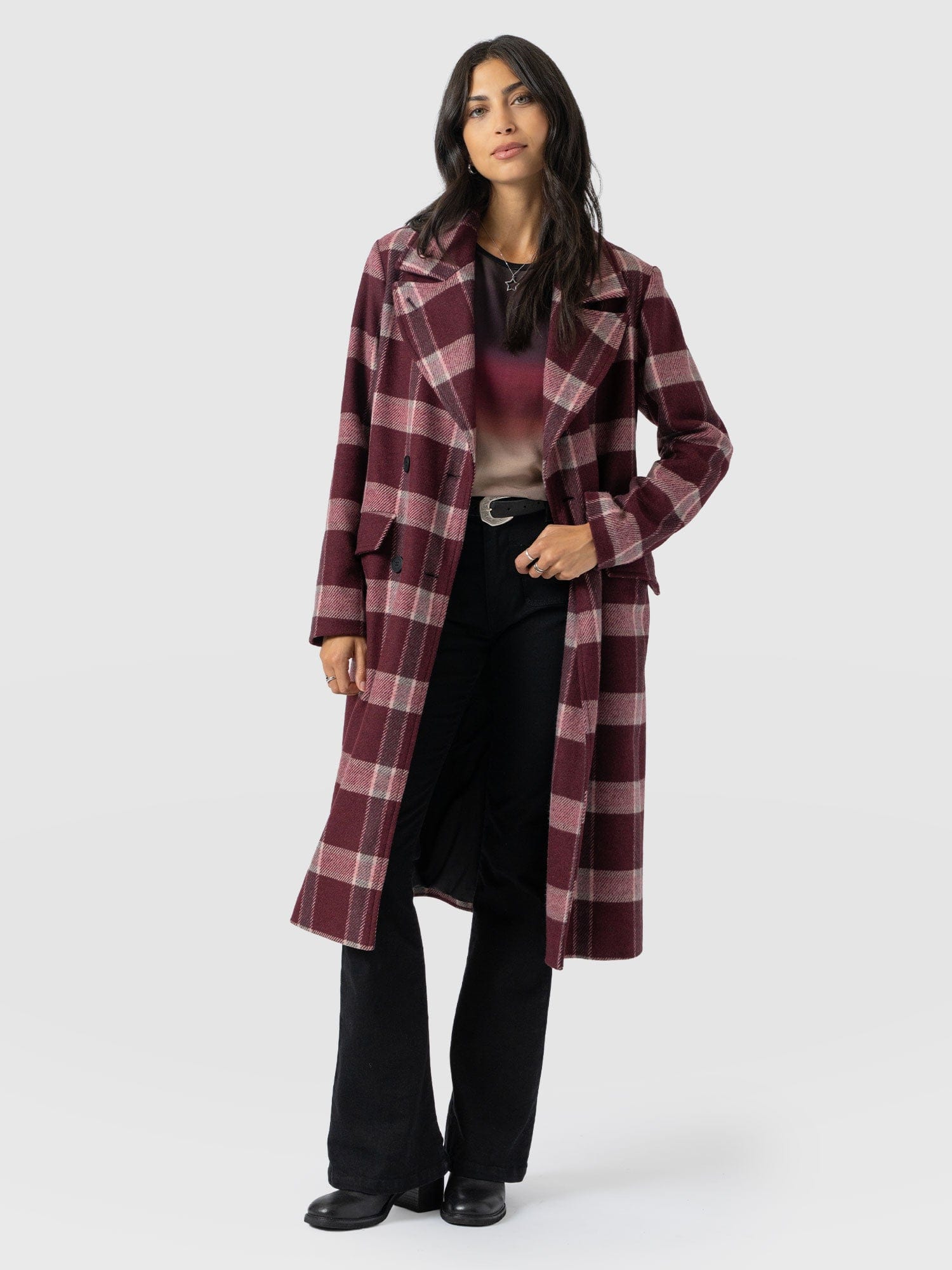 Hampton Coat - Burgundy/Pink Check - Women's Outerwears | Saint + Sofia® USA