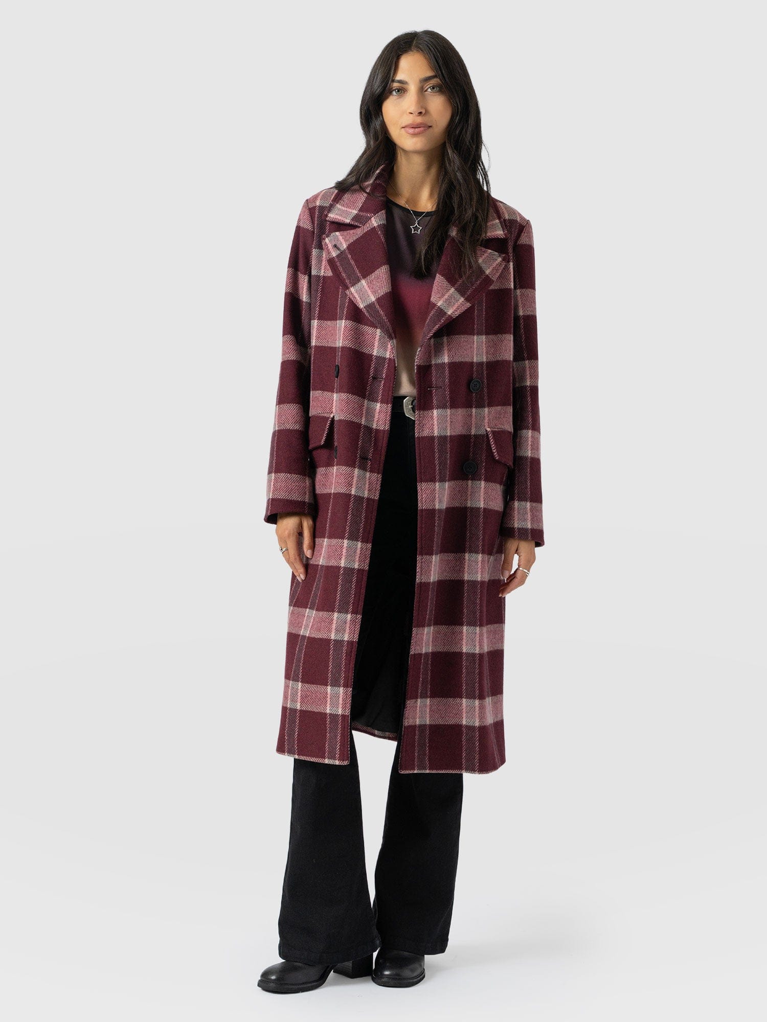 Hampton Coat - Burgundy/Pink Check - Women's Outerwears | Saint + Sofia® USA