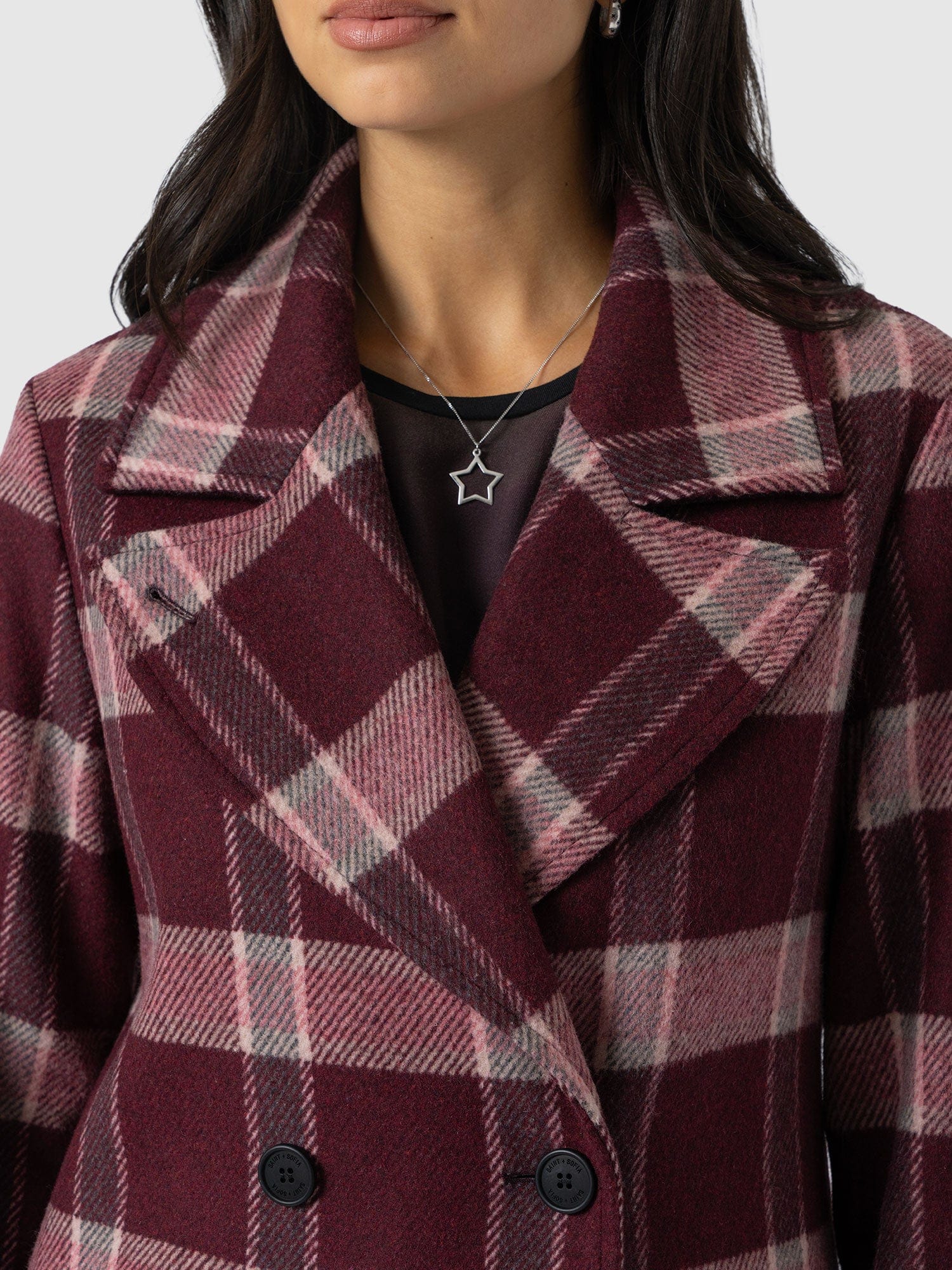 Hampton Coat - Burgundy/Pink Check - Women's Outerwears | Saint + Sofia® USA