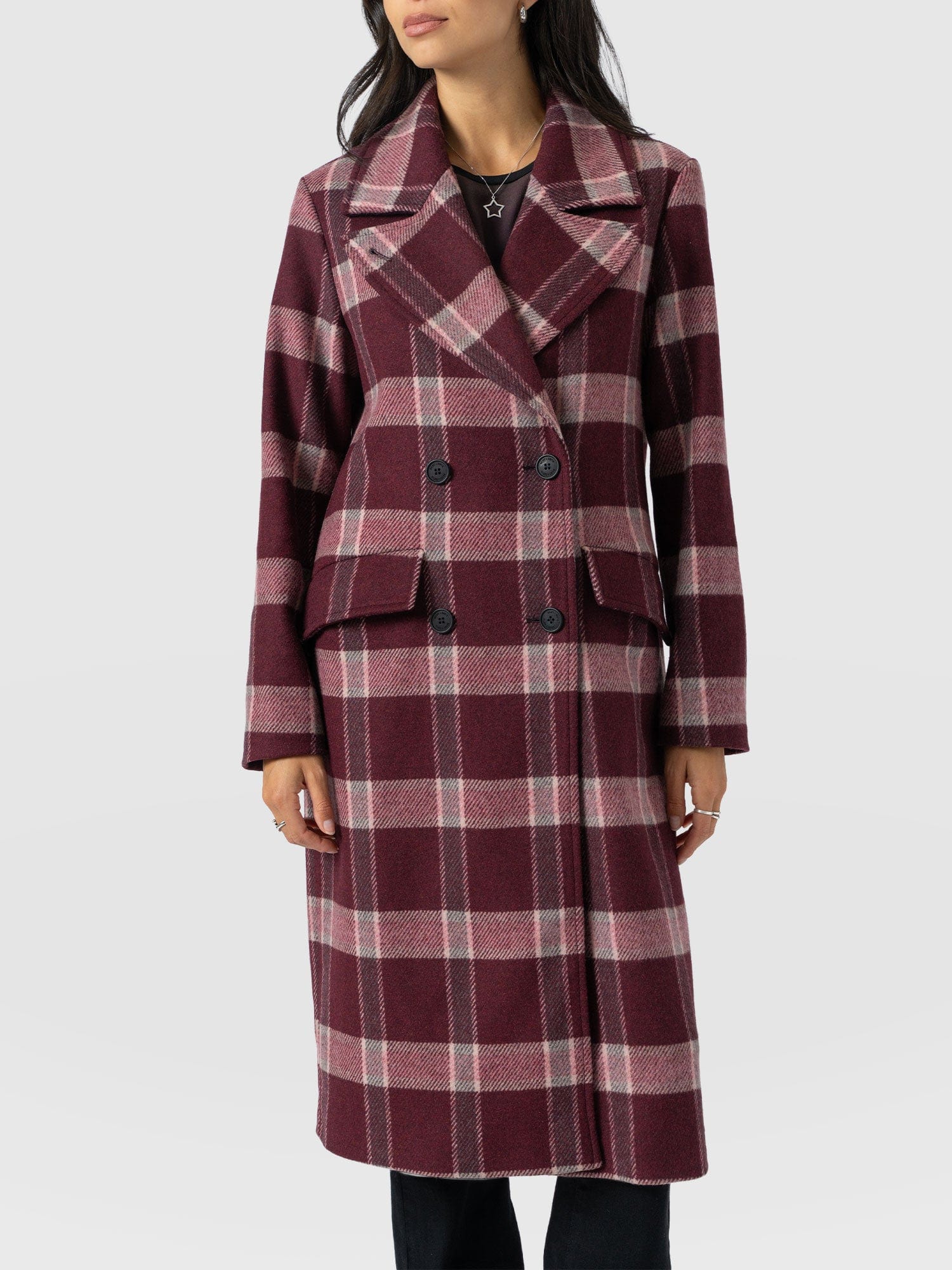 Hampton Coat - Burgundy/Pink Check - Women's Outerwears | Saint + Sofia® USA