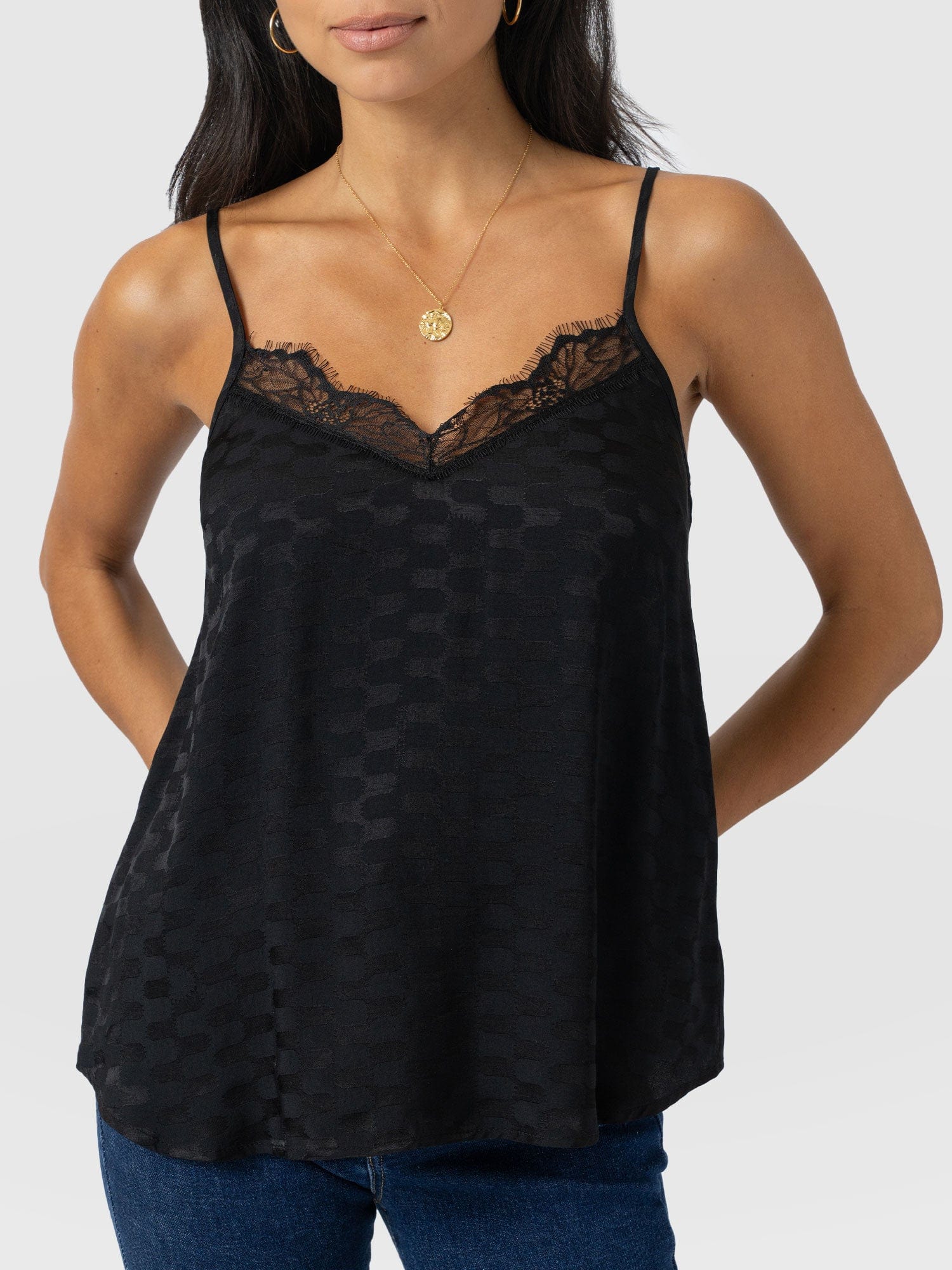 Harper Lace Cami - Black Jacquard - Women's T-shirts | Saint + Sofia® USA