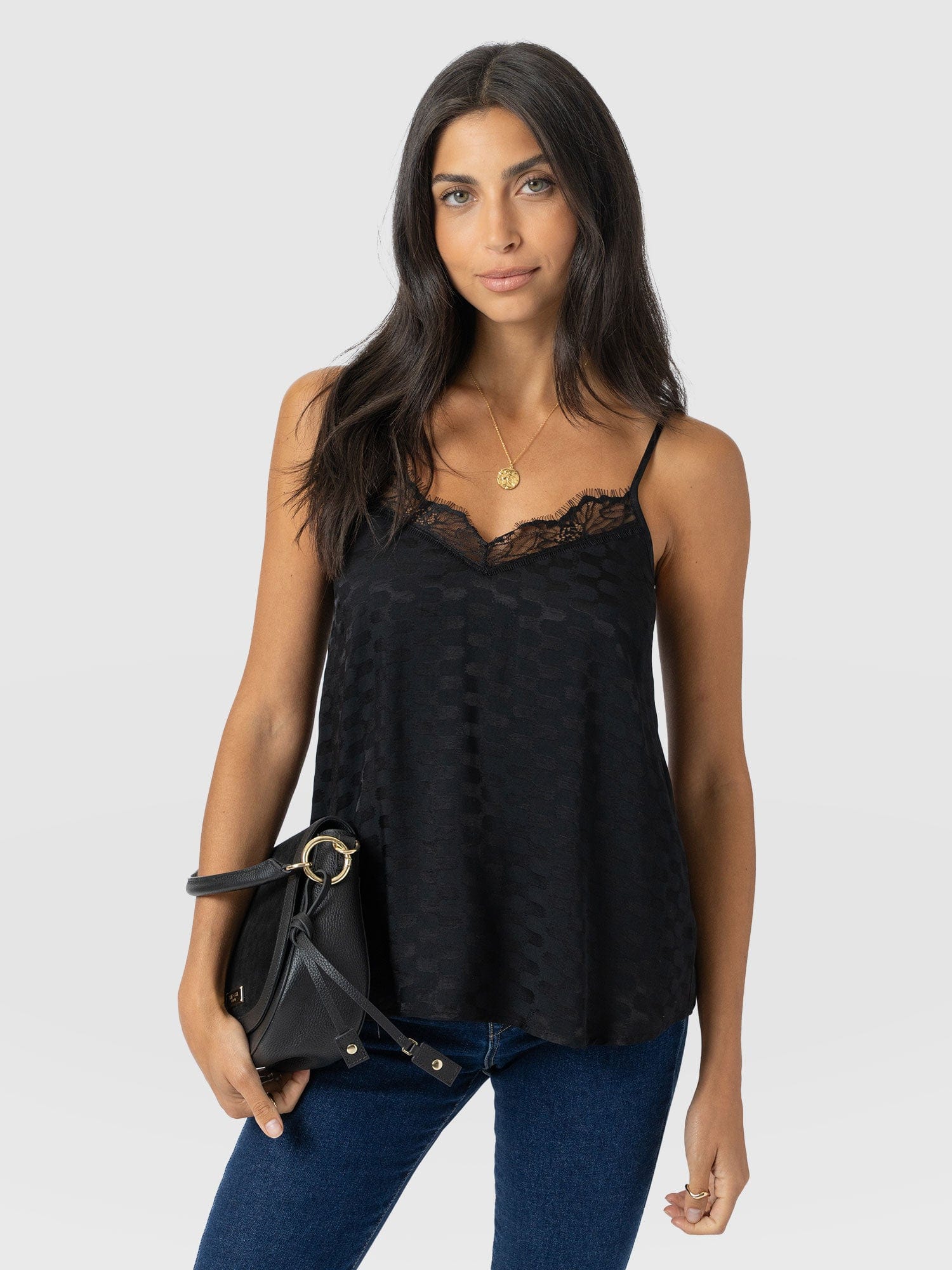 Harper Lace Cami - Black Jacquard - Women's T-shirts | Saint + Sofia® USA