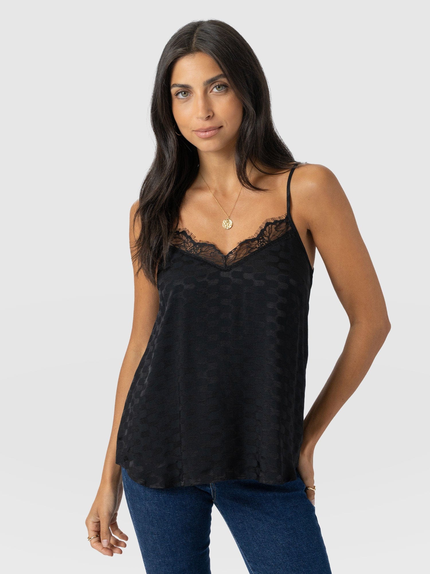 Harper Lace Cami - Black Jacquard - Women's T-shirts | Saint + Sofia® USA