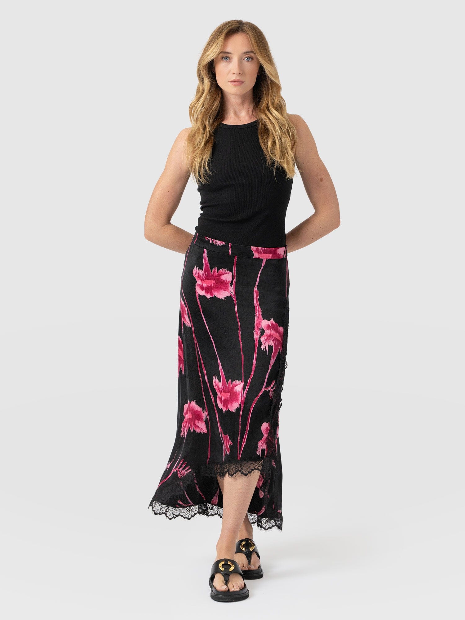 Harper Lace Midi Skirt - Pink Stem Floral - Women's Skirts | Saint + Sofia® USA