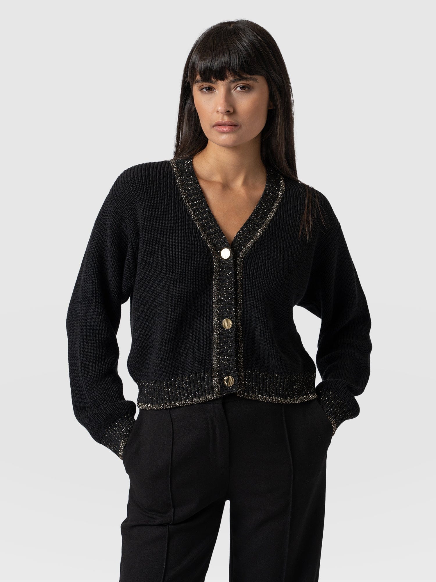 Hatton Crop Cardigan Black Lurex - Women's Cardigans | Saint + Sofia® USA