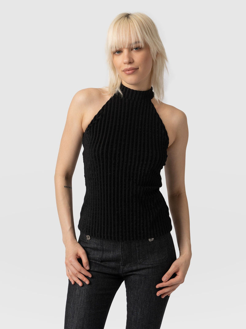 Herne Halter Neck Top Black Stripe Velvet - Women's T-Shirts | Saint + Sofia® USA