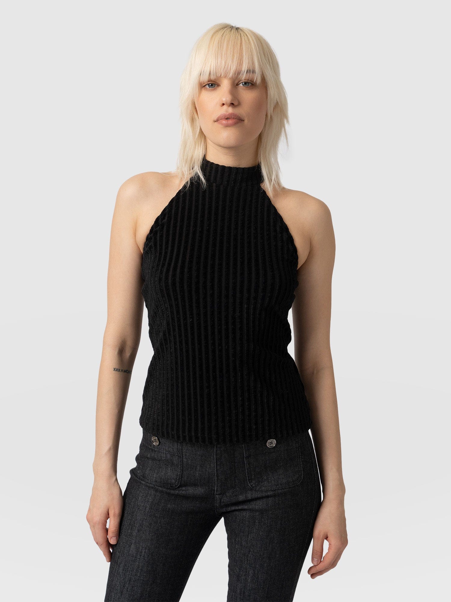 Herne Halter Neck Top Black Stripe Velvet - Women's T-Shirts | Saint + Sofia® USA