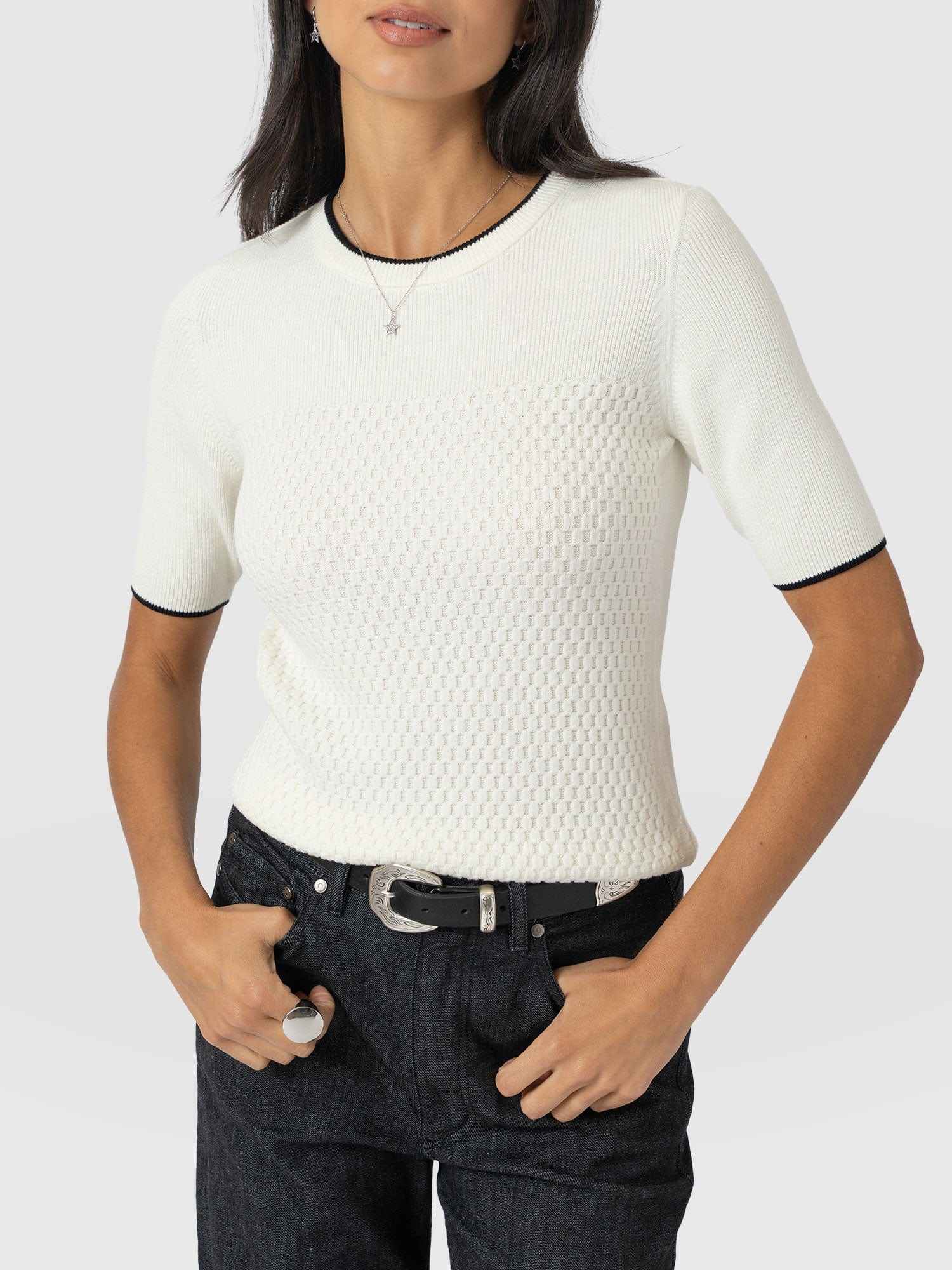 Honeycomb Short Sleeve Knit - Cream - Women's Knitwears | Saint + Sofia? USA