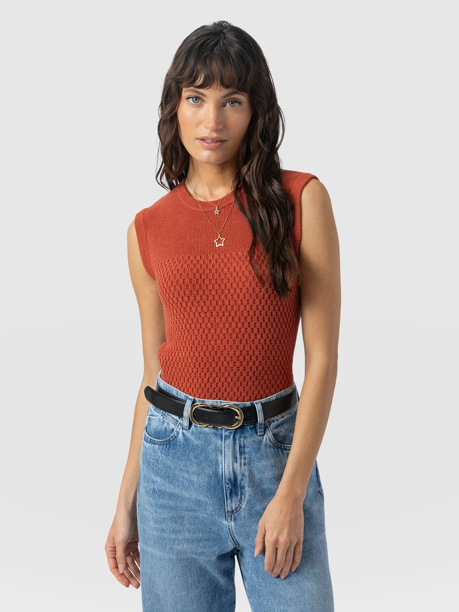 Honeycomb Sleeveless Rib Knit - Burnt Orange - Women's Knitwears | Saint + Sofia® USA