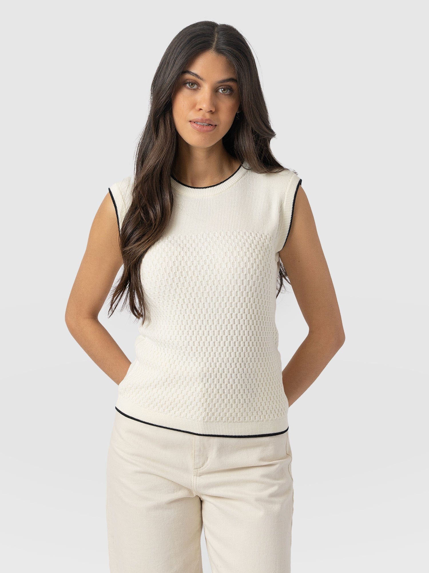 Honeycomb Sleeveless Rib Knit  - Cream - Women's Knitwears | Saint + Sofia® USA