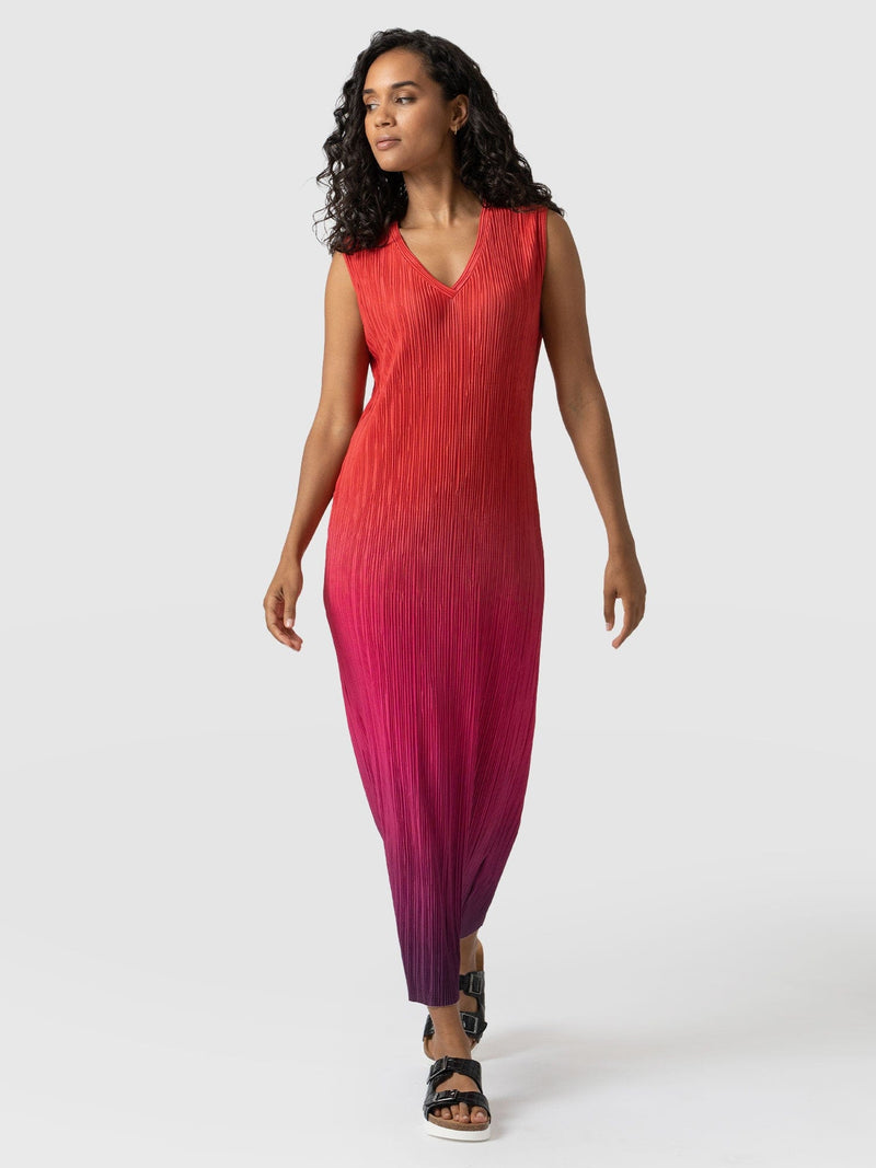 Jolie Sleeveless Plisse Dress Red/Pink Ombre - Women's Dresses