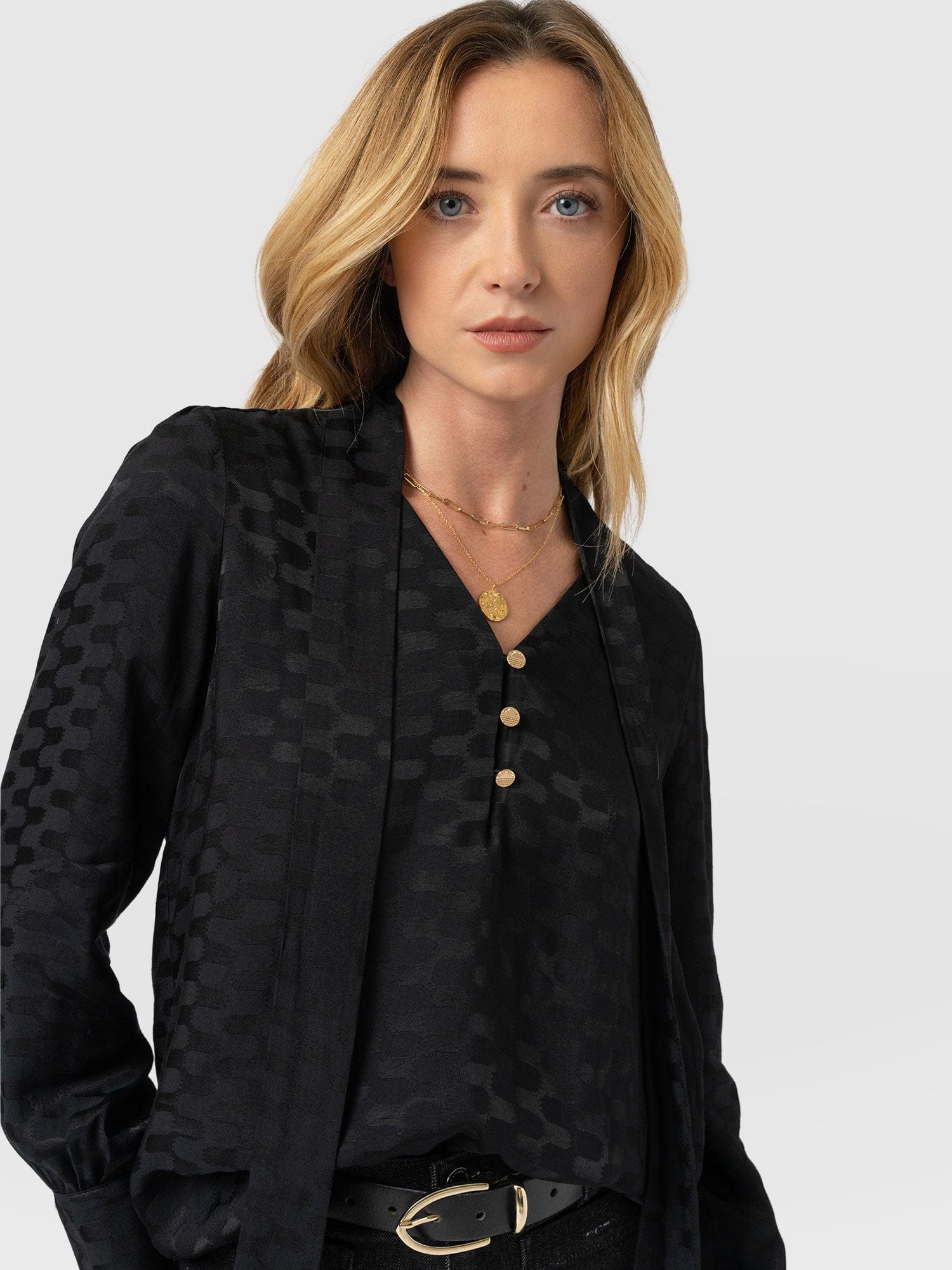 Joselyn V Neck Blouse - Black Jacquard - Women's Blouses | Saint + Sofia® USA