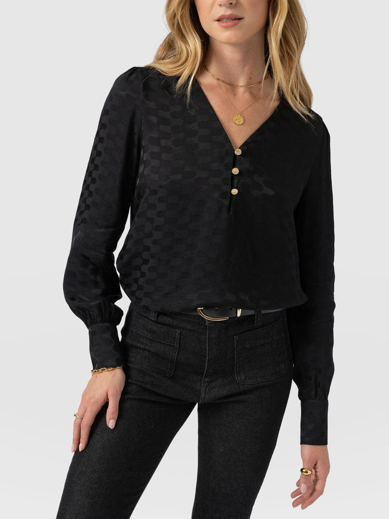 Joselyn V Neck Blouse - Black Jacquard - Women's Blouses | Saint + Sofia® USA