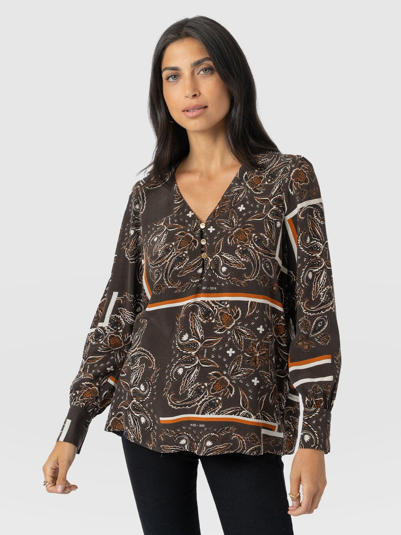 Joselyn V Neck Blouse - Brown Paisley - Women's Blouses | Saint + Sofia? USA