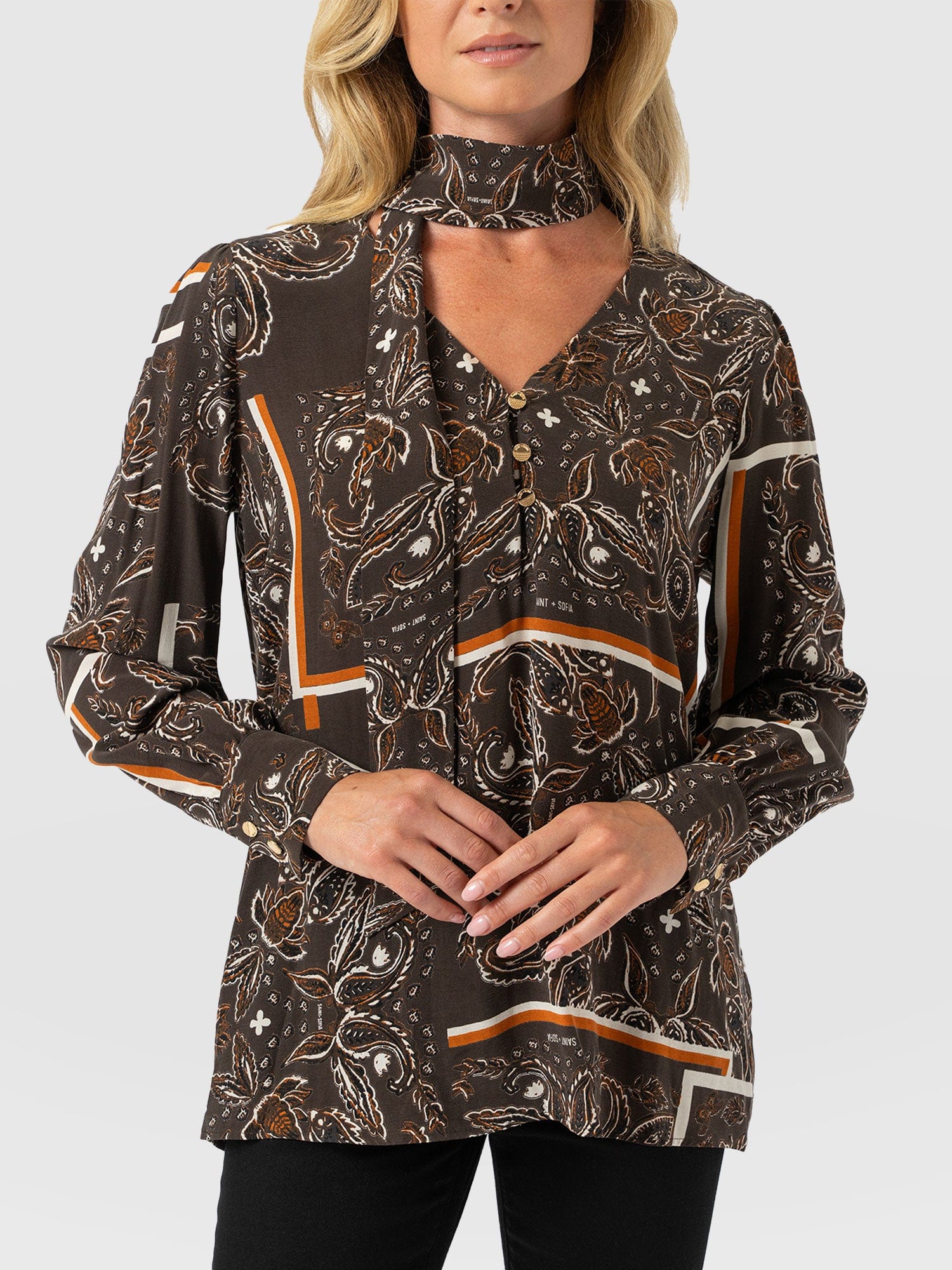 Joselyn V Neck Blouse - Brown Paisley - Women's Blouses | Saint + Sofia? USA