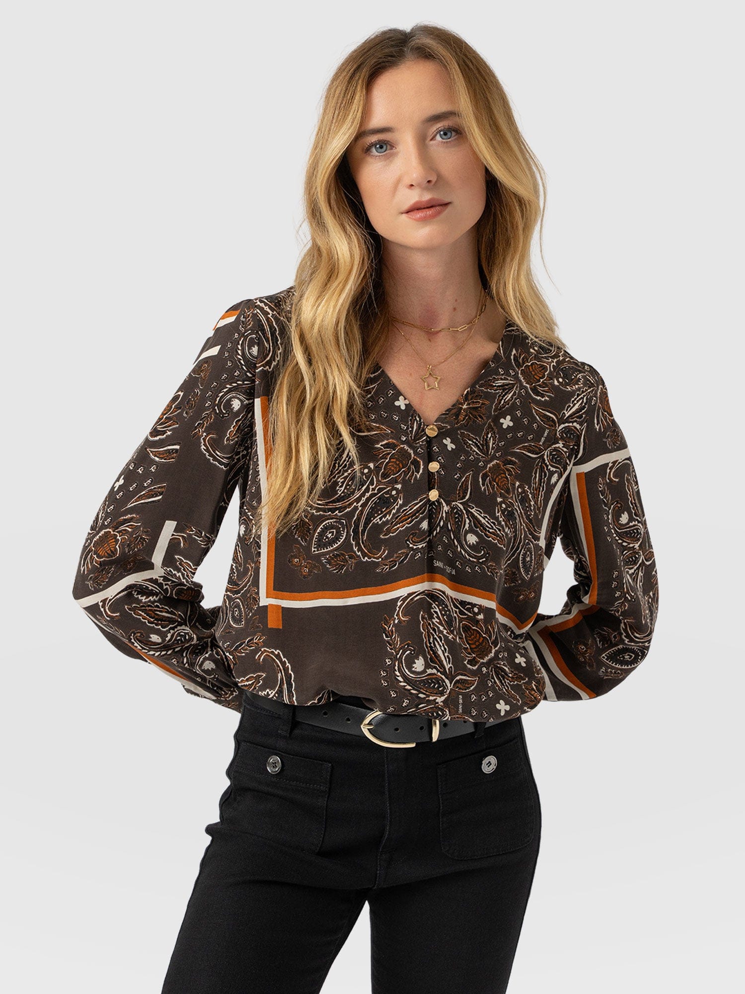 Joselyn V Neck Blouse - Brown Paisley - Women's Blouses | Saint + Sofia? USA