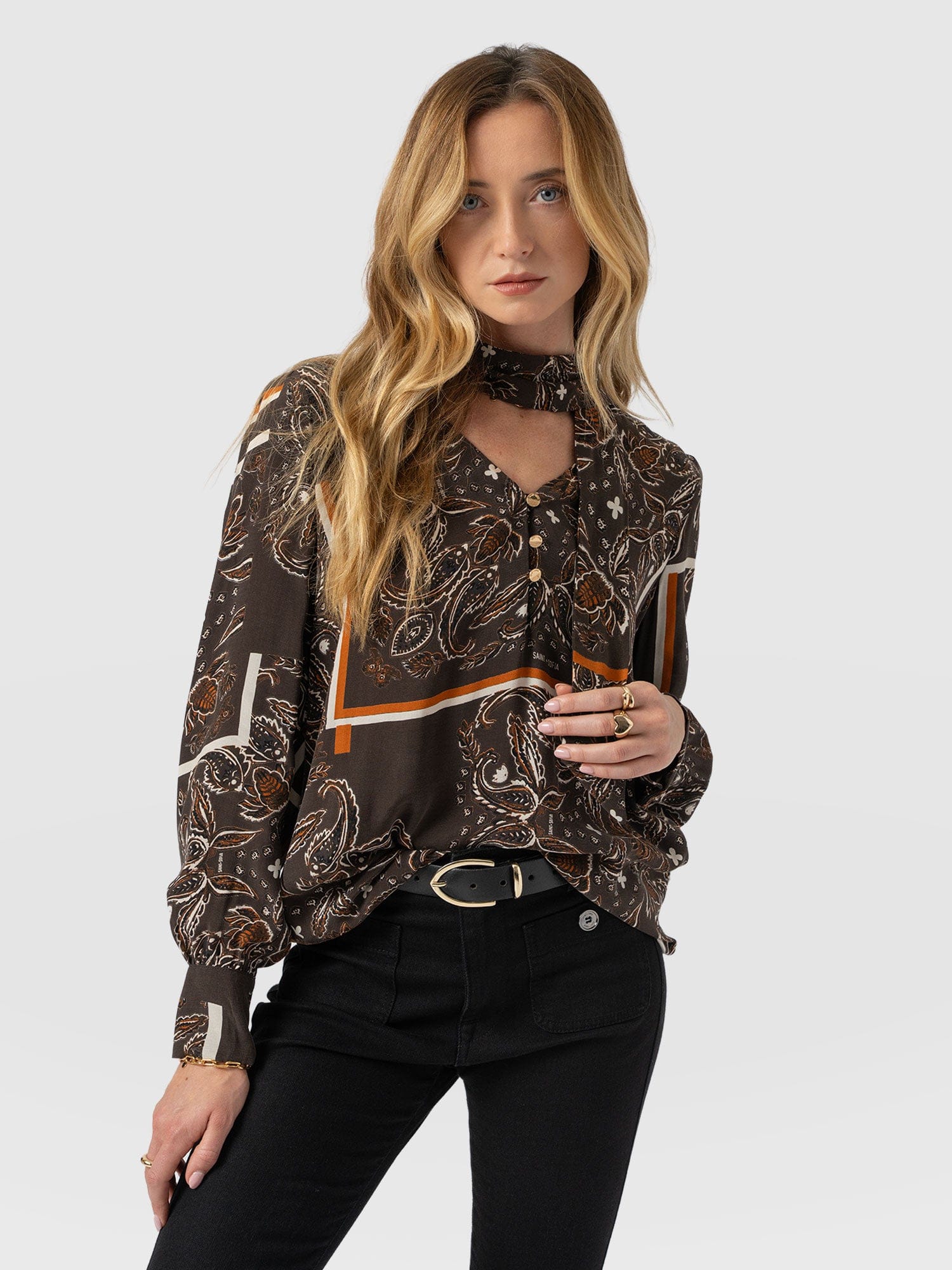 Joselyn V Neck Blouse - Brown Paisley - Women's Blouses | Saint + Sofia? USA