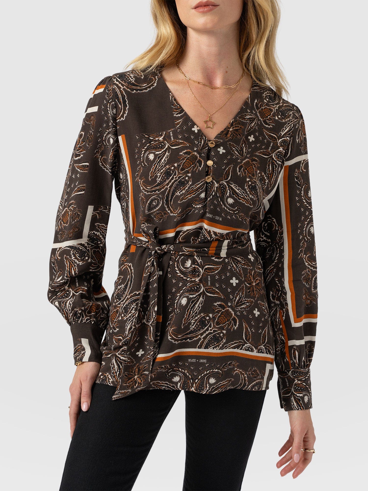 Joselyn V Neck Blouse - Brown Paisley - Women's Blouses | Saint + Sofia? USA